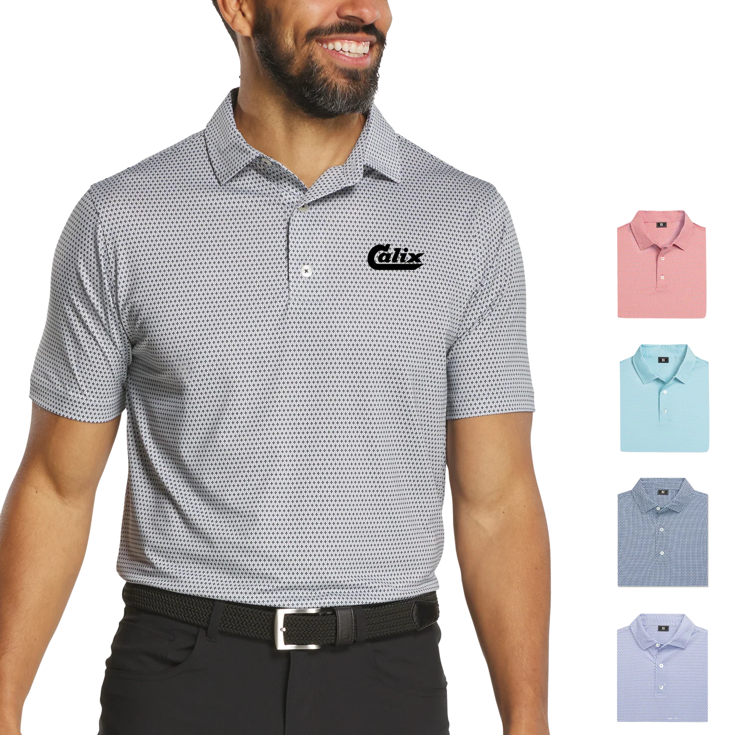 FootJoy® Men's Stellar Print Lisle Polo in a contemporary printed pattern, featuring a collared design, short sleeves, and performance fabric for comfortable golf and active wear.