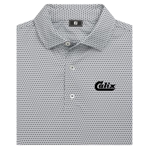 Gray/White/Black FootJoy® Men's Stellar Print Lisle Polo in a contemporary printed pattern, featuring a collared design, short sleeves, and performance fabric for comfortable golf and active wear.