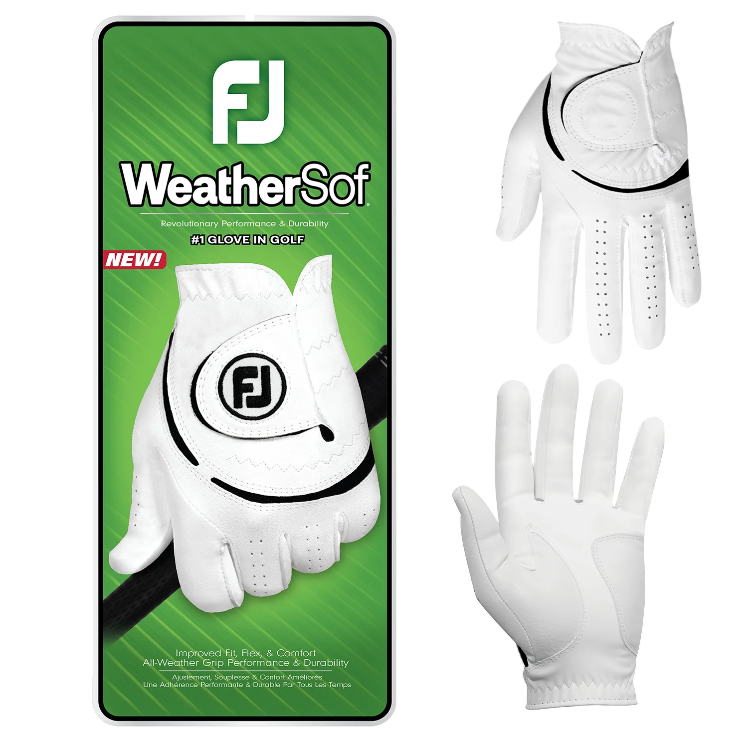 White The FootJoy® WeatherSof Golf Glove features a lightweight, flexible design with soft performance material, breathable mesh across the knuckles, and a secure closure for a comfortable grip during golf in various weather conditions.