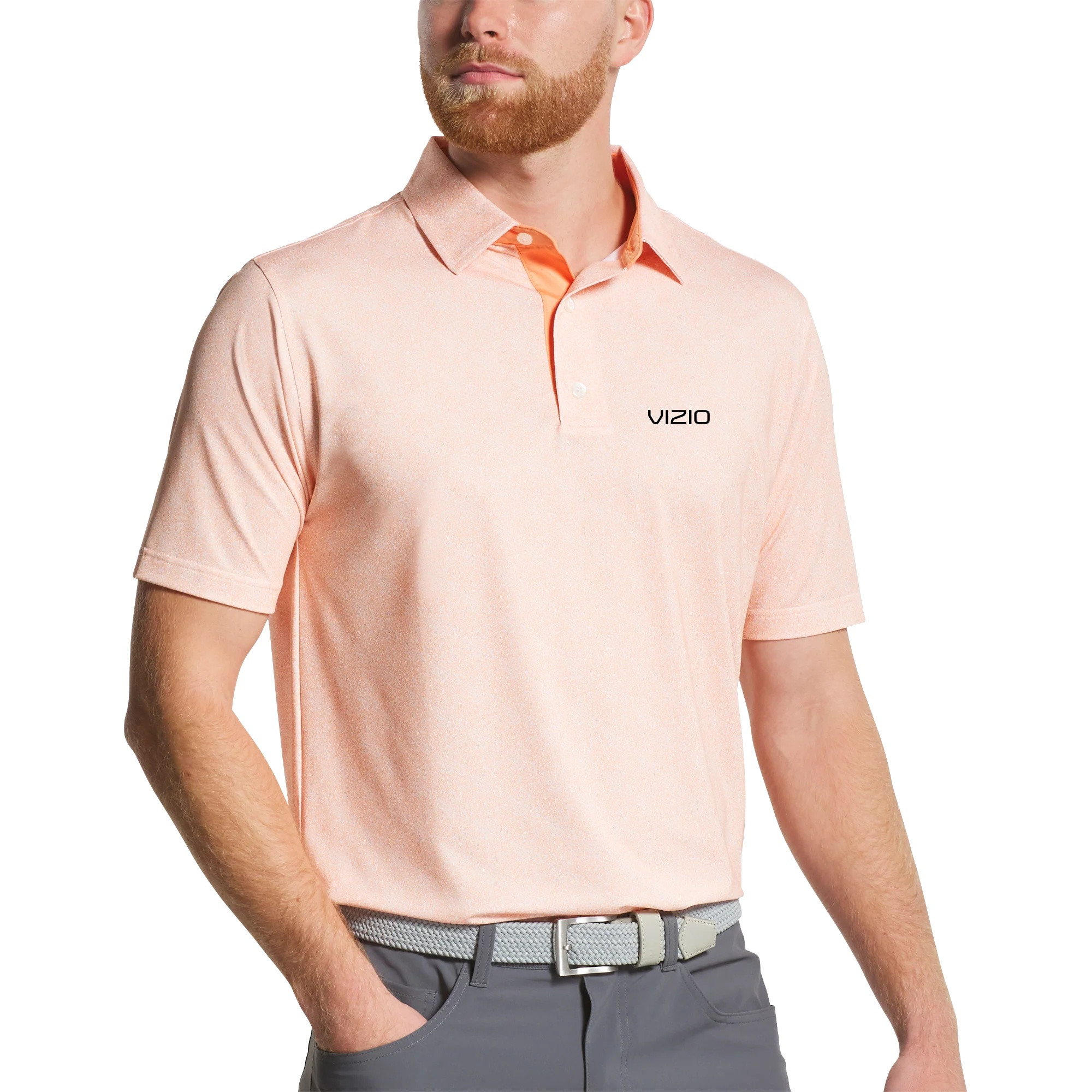 Orange White men's speckle print polo with performance moisture-wicking fabric, UV protection, anti-microbial finish, and short sleeves for golf and active wear.