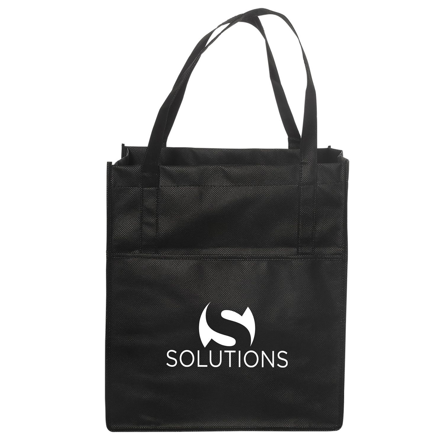 Black Metro Shopper Tote Bag in a reusable non-woven polypropylene design with black reinforced handles, front open pocket, wide side and bottom gussets, and a structured cardboard bottom, designed for shopping and everyday carrying.