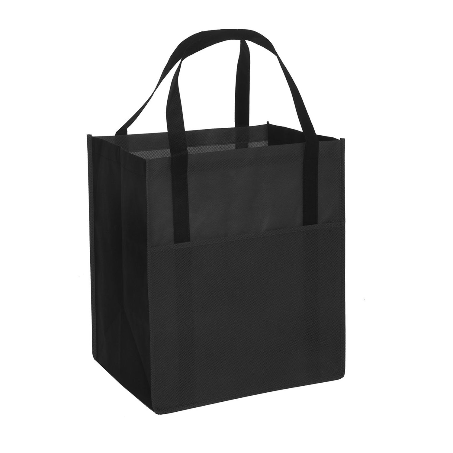 Black Metro Shopper Tote Bag in a reusable non-woven polypropylene design with black reinforced handles, front open pocket, wide side and bottom gussets, and a structured cardboard bottom, designed for shopping and everyday carrying.