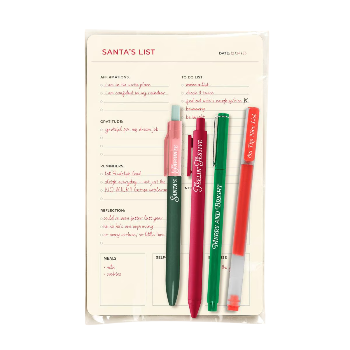 Santa's List 4 Pack Pen Mailer featuring four assorted pens in a clear poly bag with a festive Santa’s list–themed full-color insert card, designed for holiday writing, stocking stuffers, seasonal giveaways, and promotional mailers.