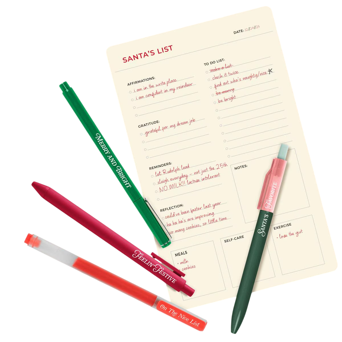 Santa's List 4 Pack Pen Mailer featuring four assorted pens in a clear poly bag with a festive Santa’s list–themed full-color insert card, designed for holiday writing, stocking stuffers, seasonal giveaways, and promotional mailers.