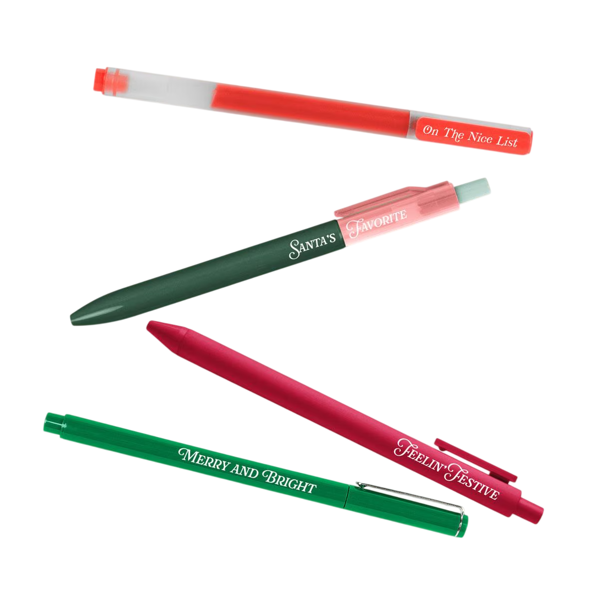 Santa's List 4 Pack Pen Mailer featuring four assorted pens in a clear poly bag with a festive Santa’s list–themed full-color insert card, designed for holiday writing, stocking stuffers, seasonal giveaways, and promotional mailers.