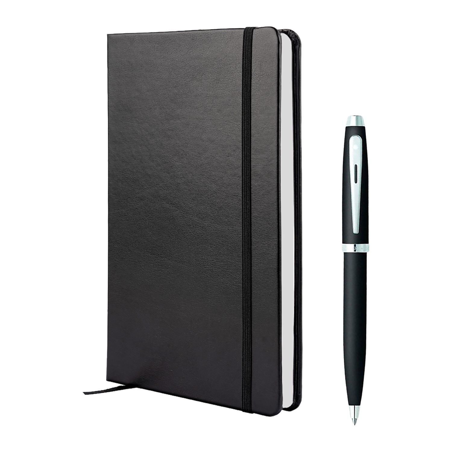 Black Sheaffer notebook and ballpoint pen gift set featuring a matte black pen, lined notebook, ribbon detail, and premium gift box.