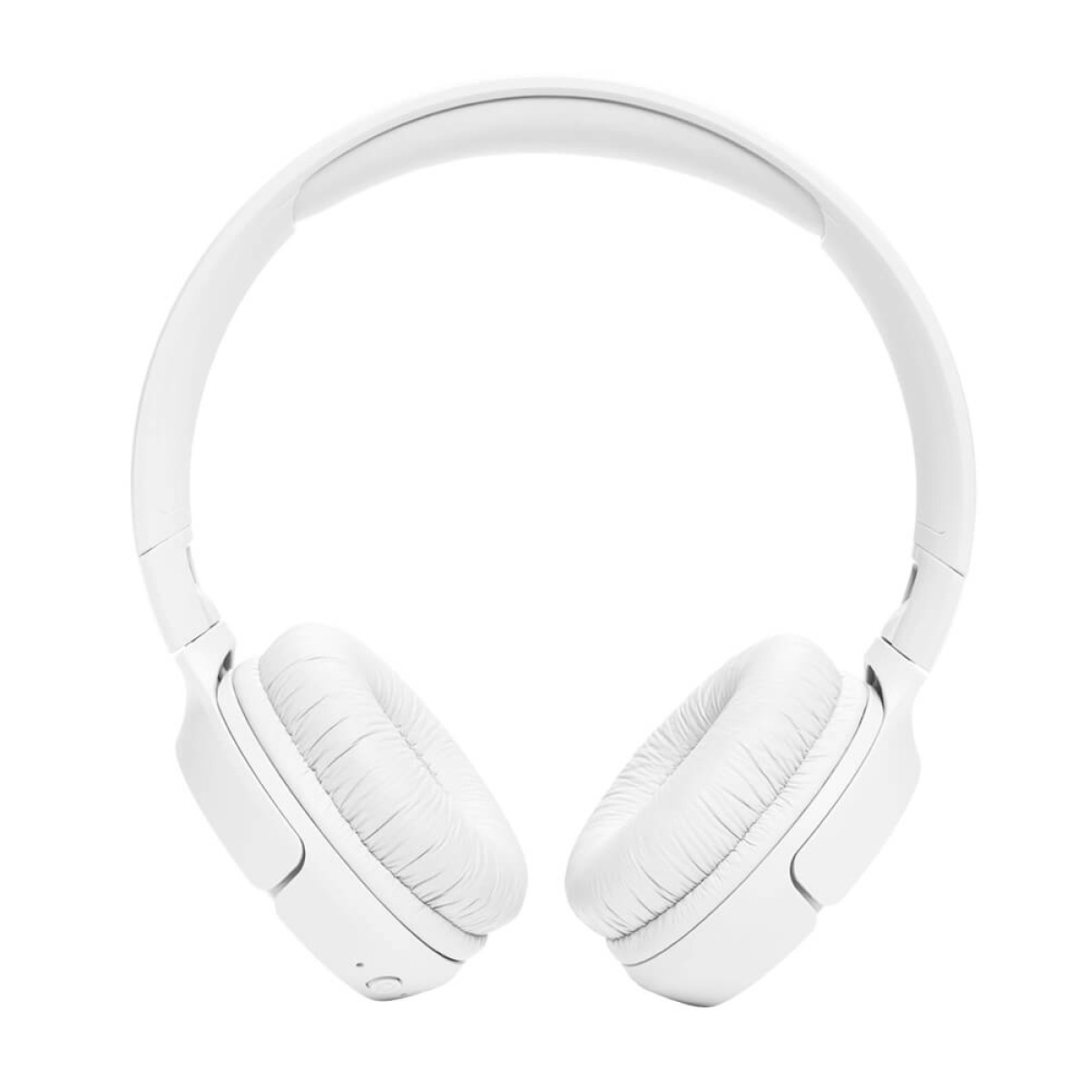 White JBL Tune 520BT Wireless On-Ear Headphones in black, featuring cushioned earcups, a padded adjustable headband, built-in earcup controls, and a lightweight foldable design for wireless music listening and calls.