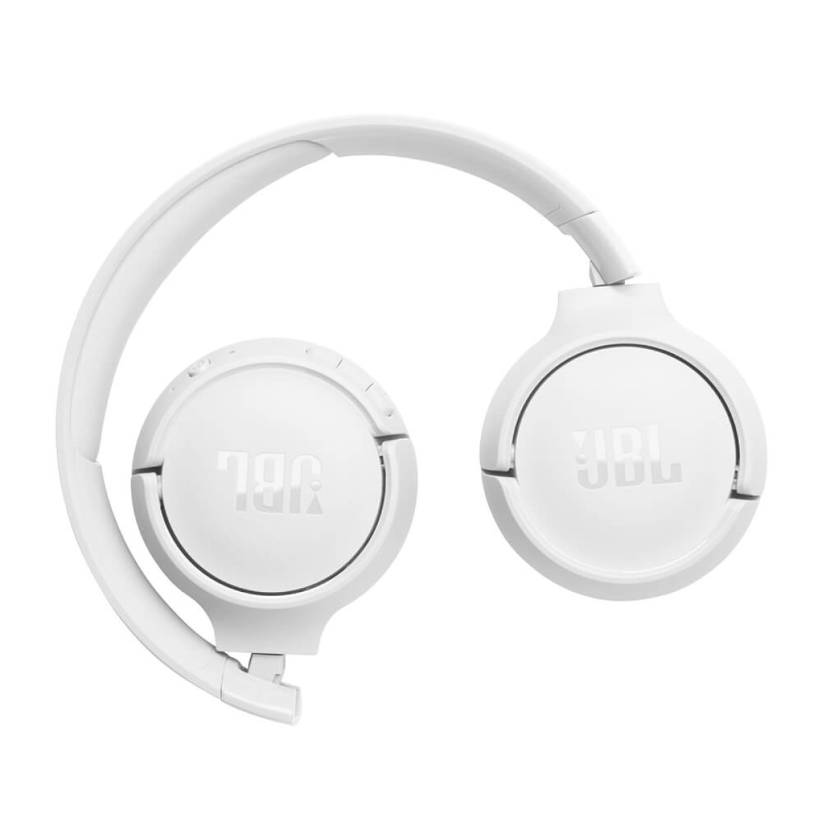White JBL Tune 520BT Wireless On-Ear Headphones in black, featuring cushioned earcups, a padded adjustable headband, built-in earcup controls, and a lightweight foldable design for wireless music listening and calls.