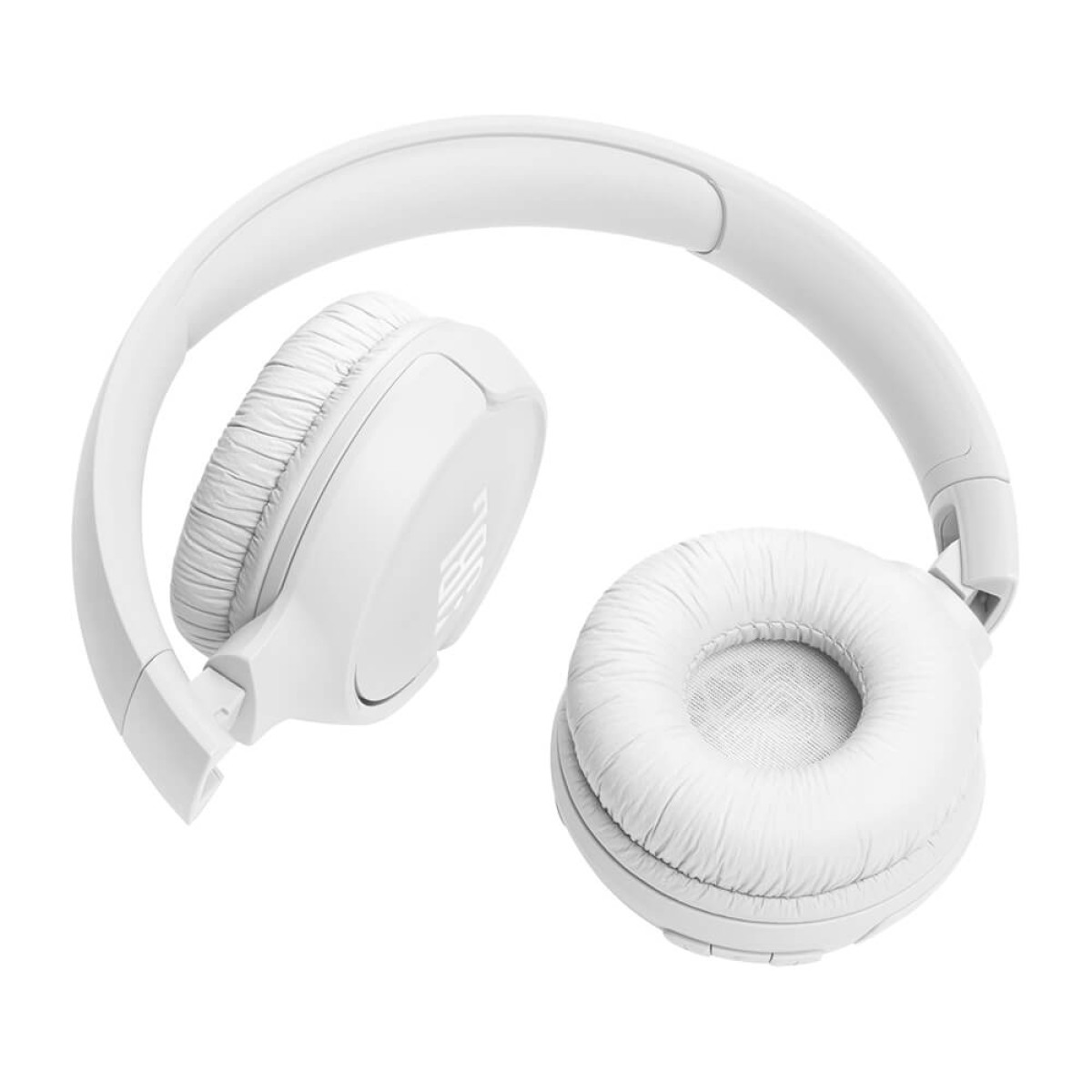 White JBL Tune 520BT Wireless On-Ear Headphones in black, featuring cushioned earcups, a padded adjustable headband, built-in earcup controls, and a lightweight foldable design for wireless music listening and calls.