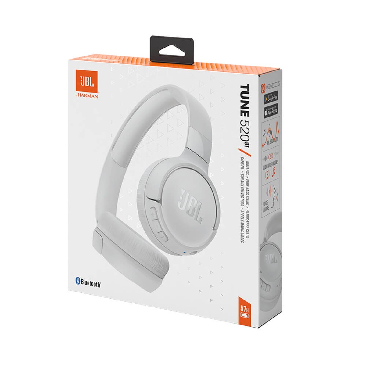 Retail Gift Box of White JBL Tune 520BT Wireless On-Ear Headphones in black, featuring cushioned earcups, a padded adjustable headband, built-in earcup controls, and a lightweight foldable design for wireless music listening and calls.