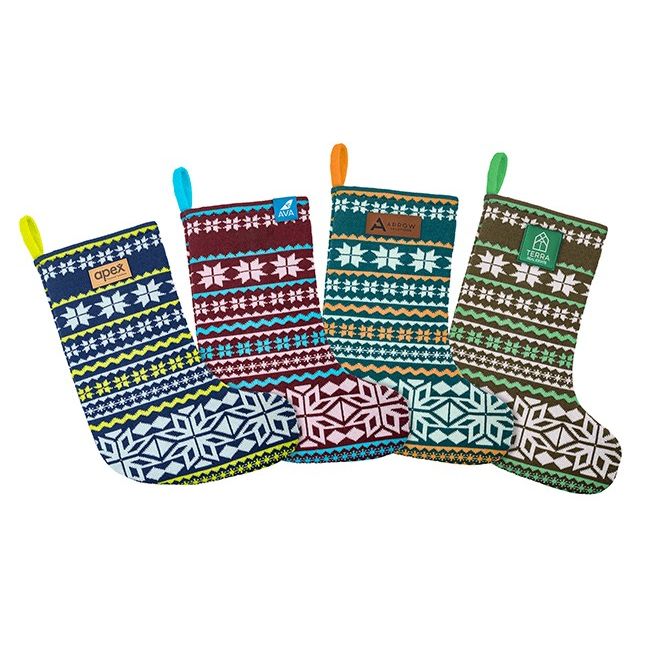 Mini Knit Holiday Stocking in a classic seasonal shape, featuring a soft knitted design with customizable knit-in details and Pantone-matched yarn, designed for holiday gifting, seasonal promotions, and festive keepsakes.