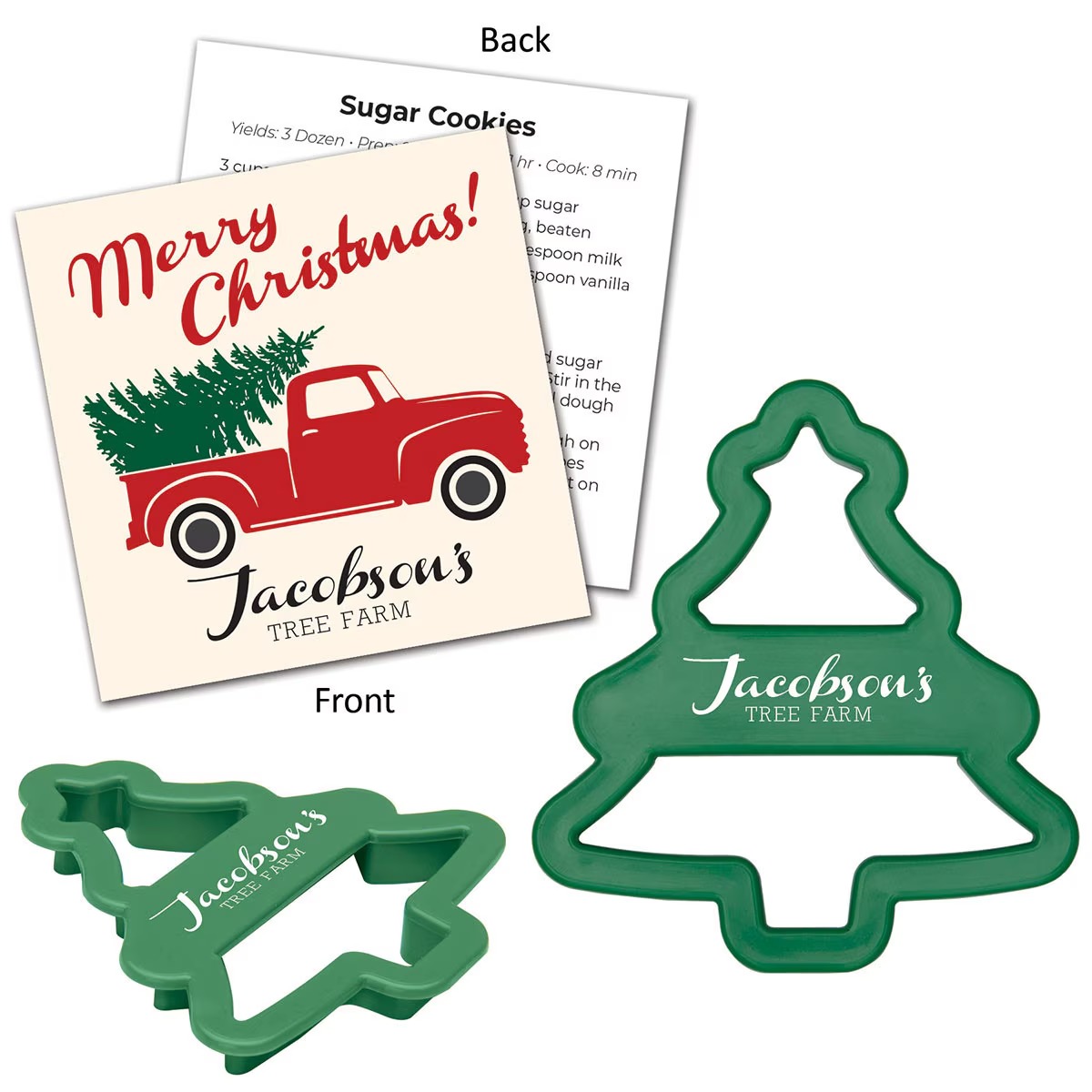Tree Cookie Cutter with a festive tree shape, paired with a full-color branded recipe card, designed for creating holiday cookies and seasonal baking promotions.