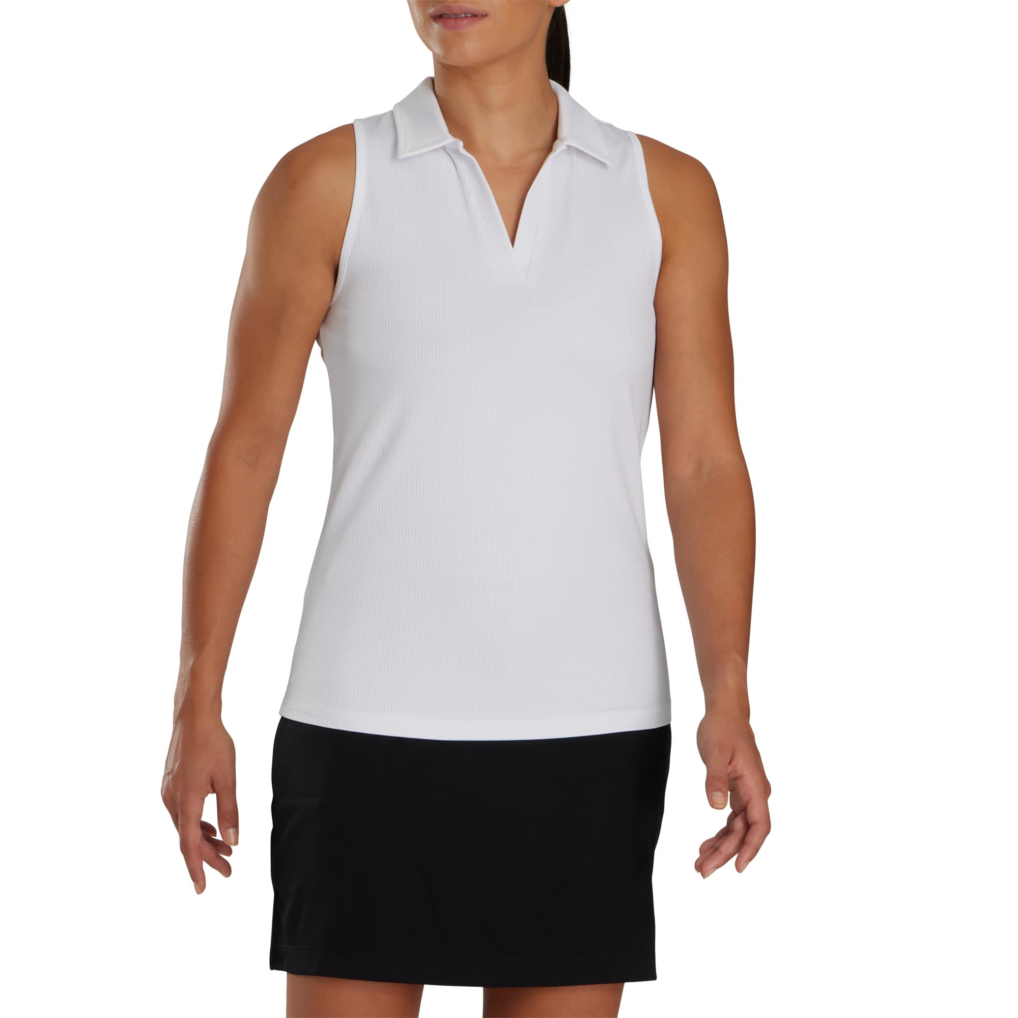 White The FootJoy® Women’s Racerback Performance Golf Tank Polo in a sporty athletic style, featuring a sleeveless racerback design, smooth neckline, and lightweight stretch fabric, designed for women’s golf and active wear.