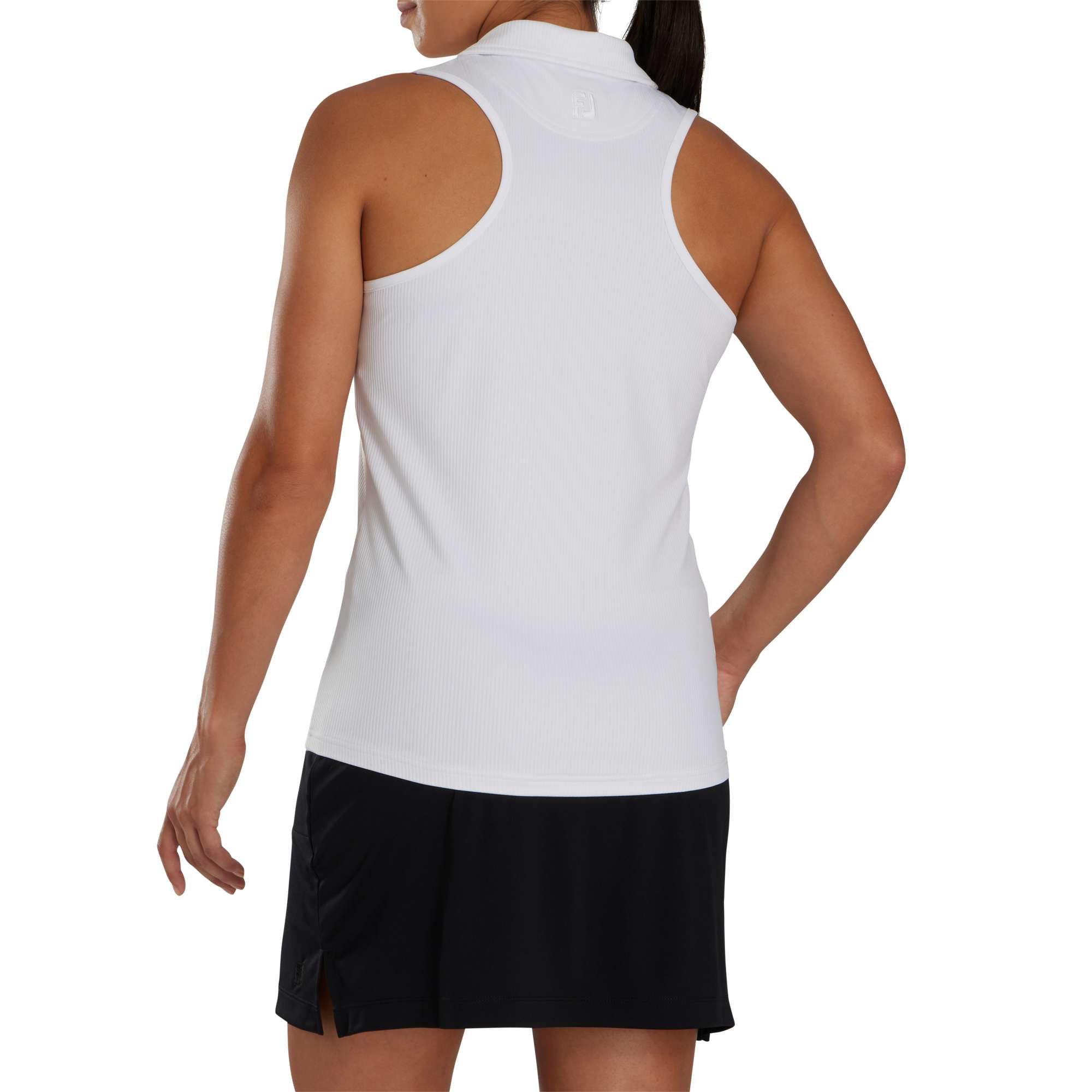 White The FootJoy® Women’s Racerback Performance Golf Tank Polo in a sporty athletic style, featuring a sleeveless racerback design, smooth neckline, and lightweight stretch fabric, designed for women’s golf and active wear.