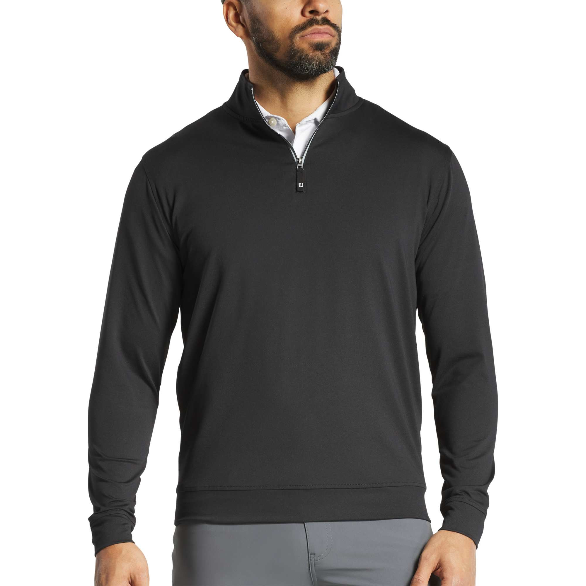 Black FootJoy® Men’s Performance Quarter-Zip Pullover, featuring a lightweight polyester-spandex stretch fabric, stand collar, quarter-zip front, and long sleeves, designed for comfortable layering during golf and active wear.