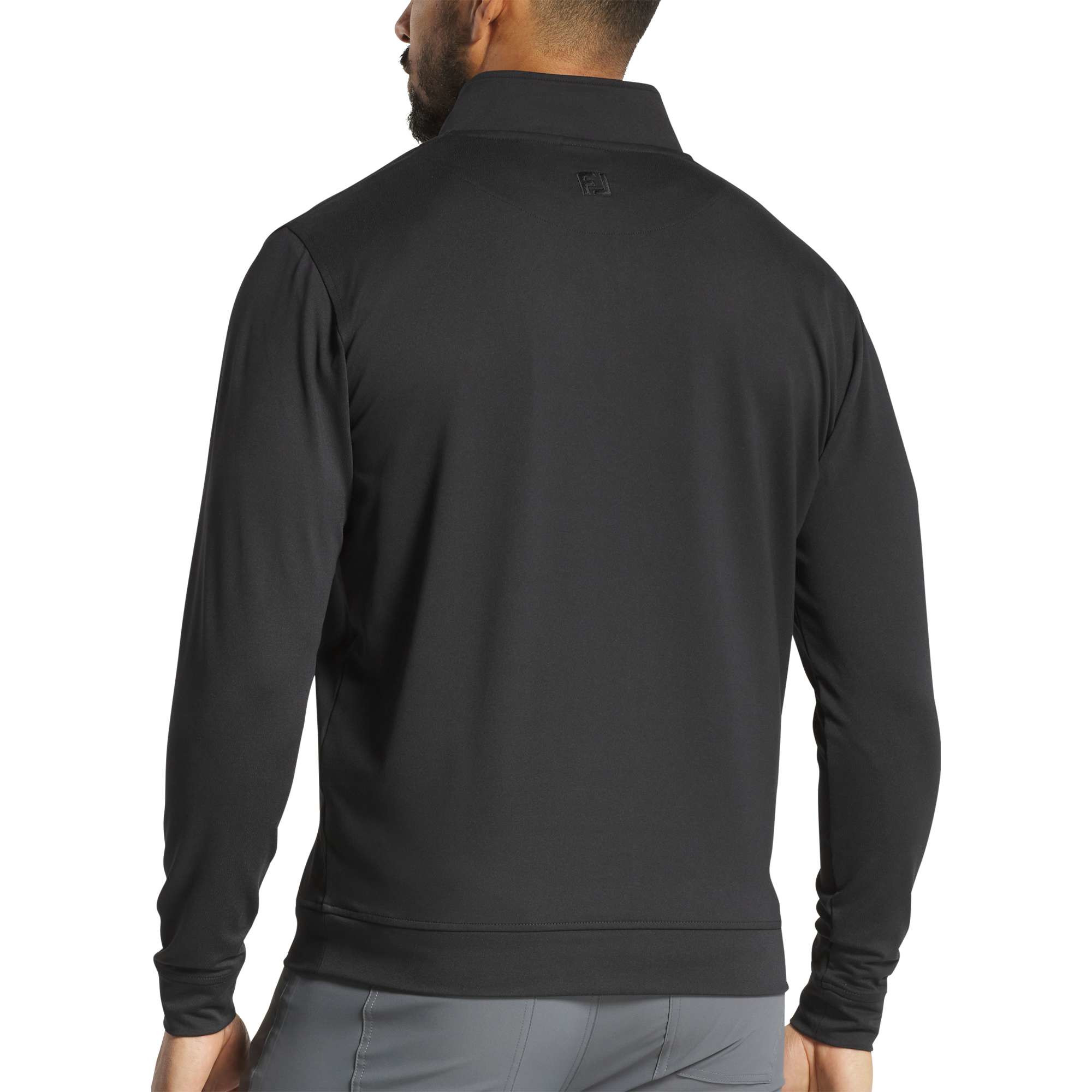 Black FootJoy® Men’s Performance Quarter-Zip Pullover, featuring a lightweight polyester-spandex stretch fabric, stand collar, quarter-zip front, and long sleeves, designed for comfortable layering during golf and active wear.