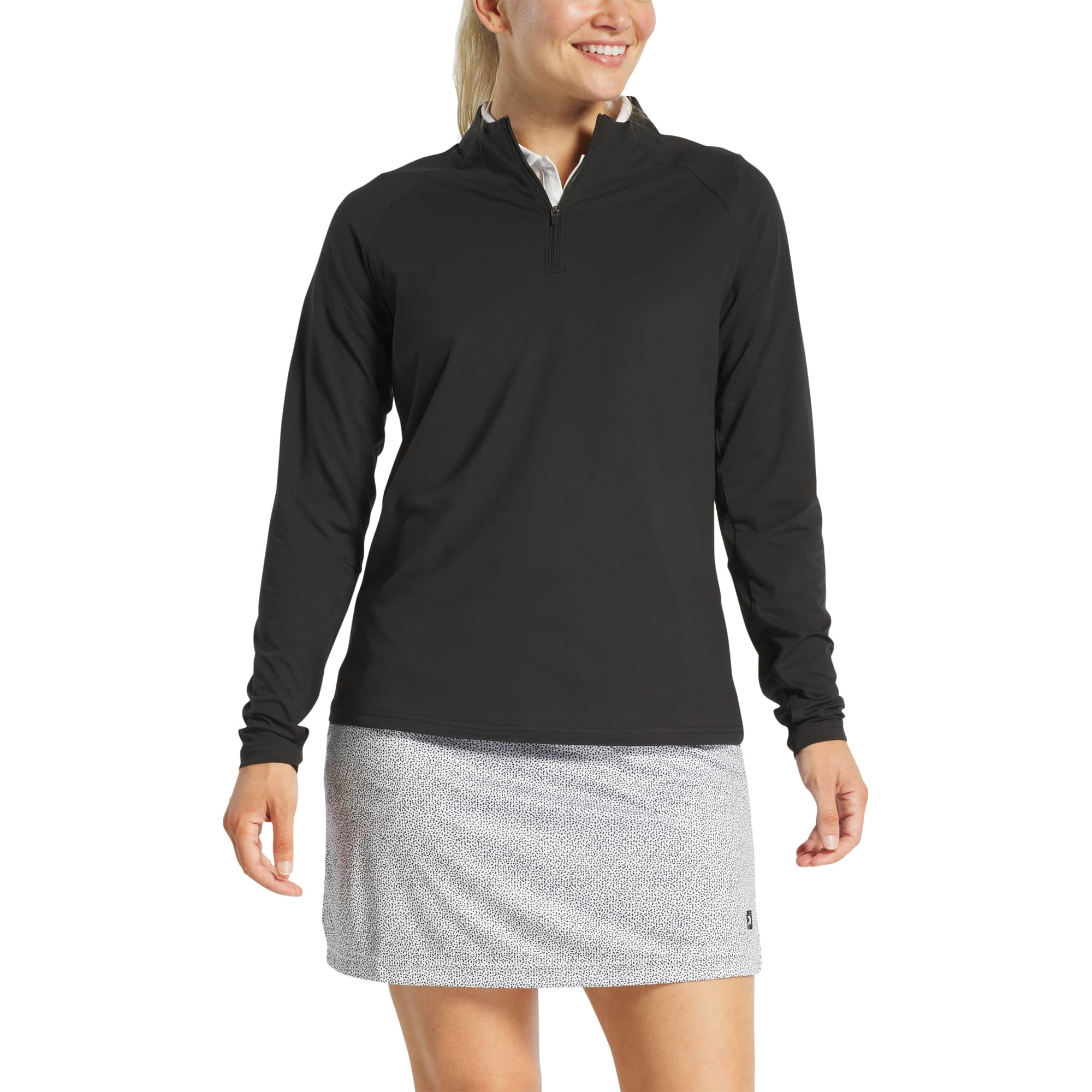 Black FootJoy® Women’s Performance Quarter-Zip Pullover in a sleek women’s fit, made from lightweight black polyester-spandex stretch fabric with a quarter-zip front, long sleeves, and streamlined silhouette, designed for golf, layering, travel, and everyday wear.