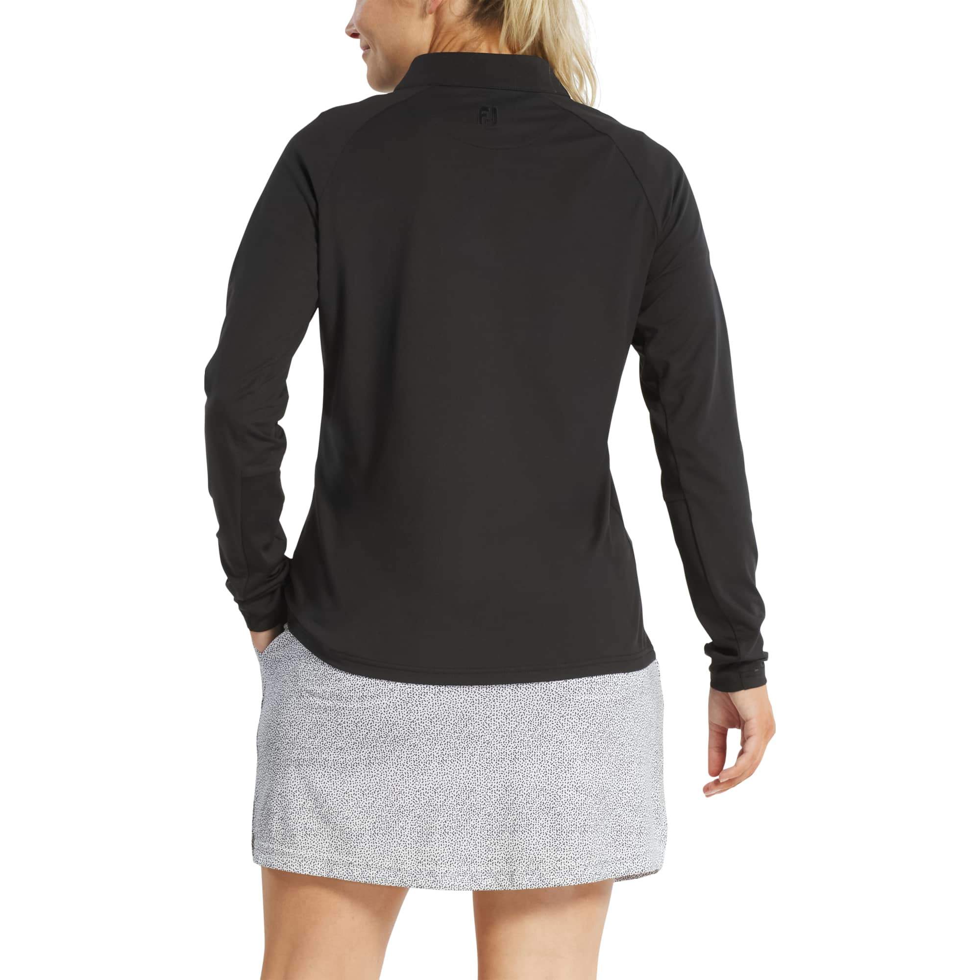 Black FootJoy® Women’s Performance Quarter-Zip Pullover in a sleek women’s fit, made from lightweight black polyester-spandex stretch fabric with a quarter-zip front, long sleeves, and streamlined silhouette, designed for golf, layering, travel, and everyday wear.