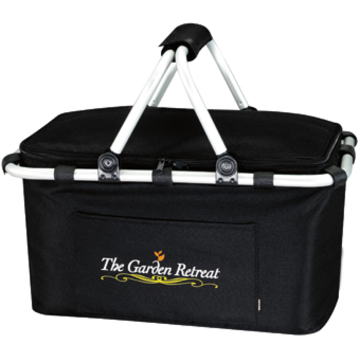 Insulated picnic basket with a zippered top, PEVA liner, aluminum handles, front pocket, and collapsible design for easy storage.