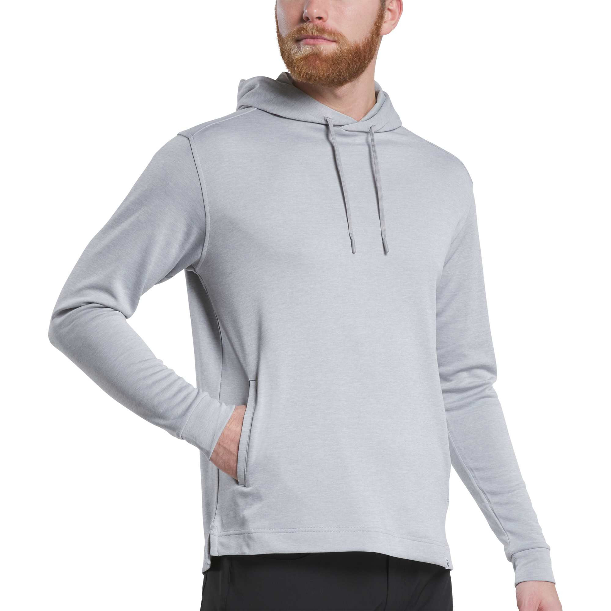 Heather Gray FootJoy® Men’s Lightweight Performance Golf Hoodie in a streamlined athletic fit, featuring a lightweight stretch fabric design with attached hood, long sleeves, and side hand pockets for comfortable layering on and off the golf course.