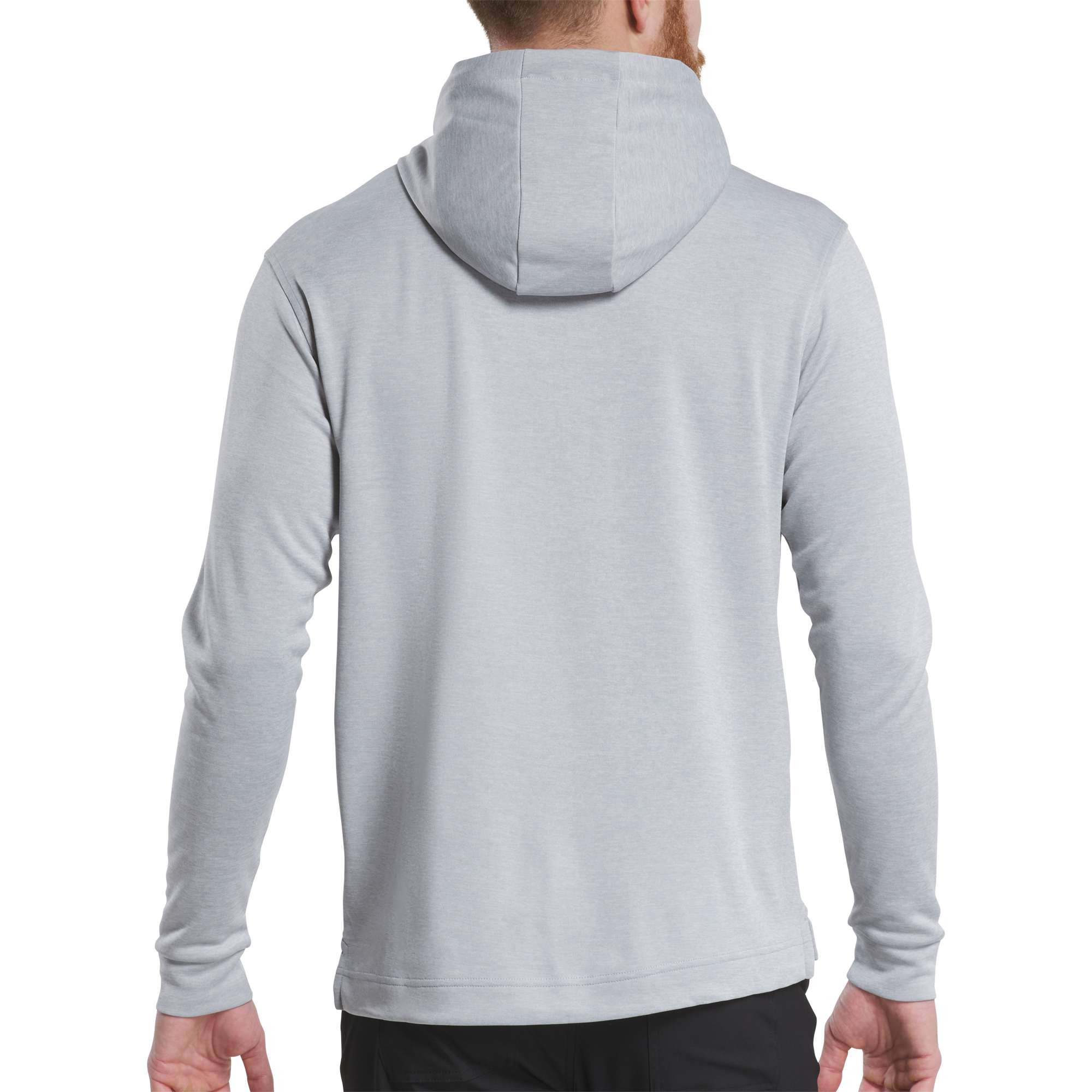 Heather Gray FootJoy® Men’s Lightweight Performance Golf Hoodie in a streamlined athletic fit, featuring a lightweight stretch fabric design with attached hood, long sleeves, and side hand pockets for comfortable layering on and off the golf course.
