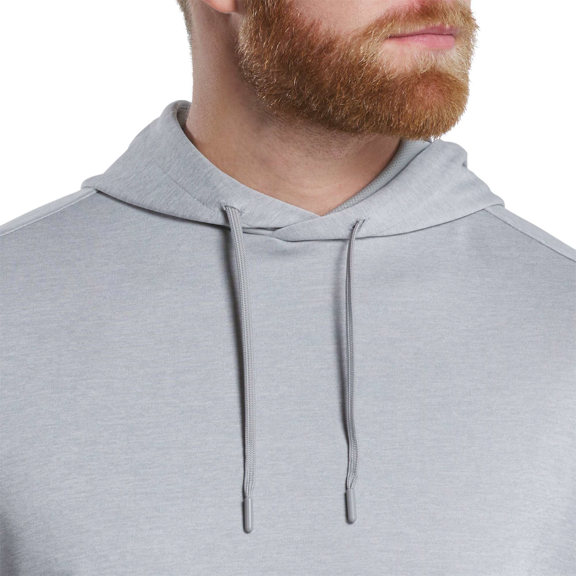 Heather Gray FootJoy® Men’s Lightweight Performance Golf Hoodie in a streamlined athletic fit, featuring a lightweight stretch fabric design with attached hood, long sleeves, and side hand pockets for comfortable layering on and off the golf course.