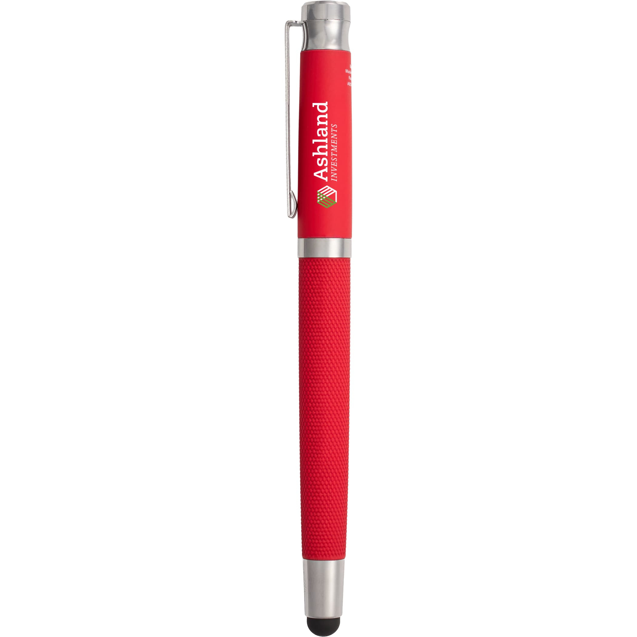 Red The Scripto® Bali Recycled Gel Stylus Pen features a soft-touch finish, integrated touchscreen stylus tip, Scripto® branded clip, and 0.5 mm black gel ink tip in a sleek recycled ABS plastic design, ideal for everyday writing and digital use.
