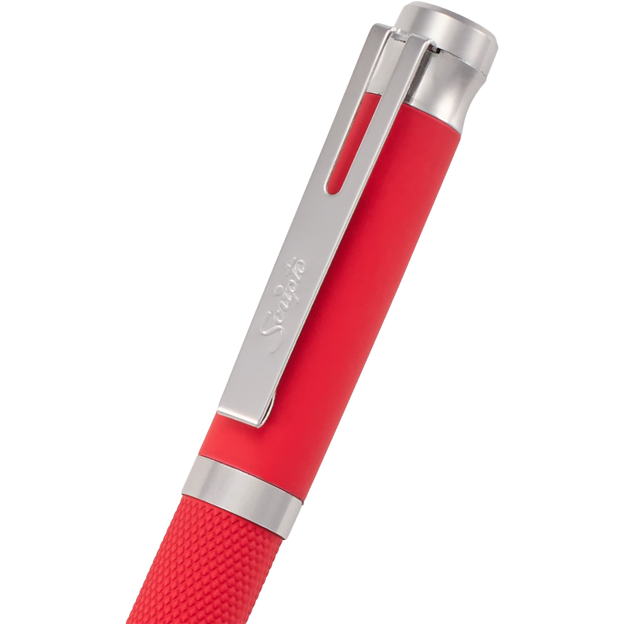 Red The Scripto® Bali Recycled Gel Stylus Pen features a soft-touch finish, integrated touchscreen stylus tip, Scripto® branded clip, and 0.5 mm black gel ink tip in a sleek recycled ABS plastic design, ideal for everyday writing and digital use.