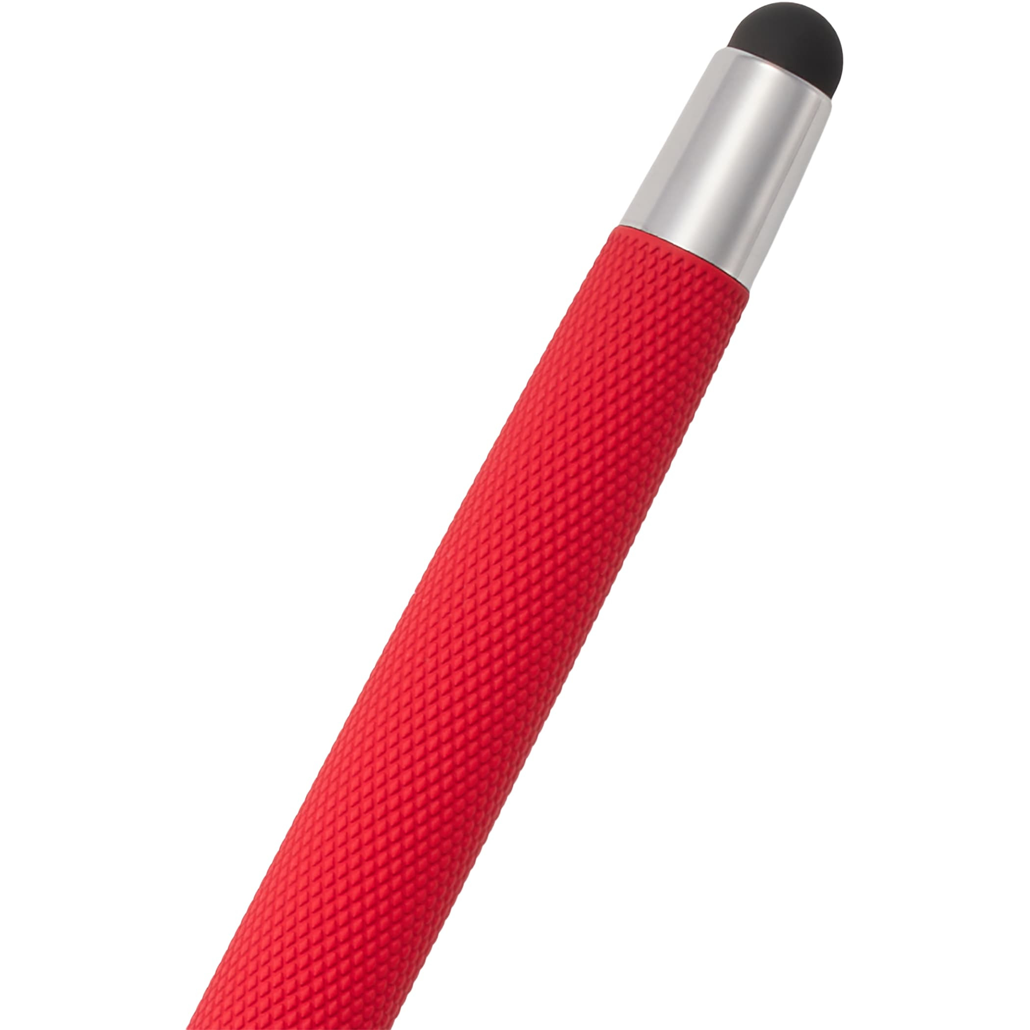 Red The Scripto® Bali Recycled Gel Stylus Pen features a soft-touch finish, integrated touchscreen stylus tip, Scripto® branded clip, and 0.5 mm black gel ink tip in a sleek recycled ABS plastic design, ideal for everyday writing and digital use.