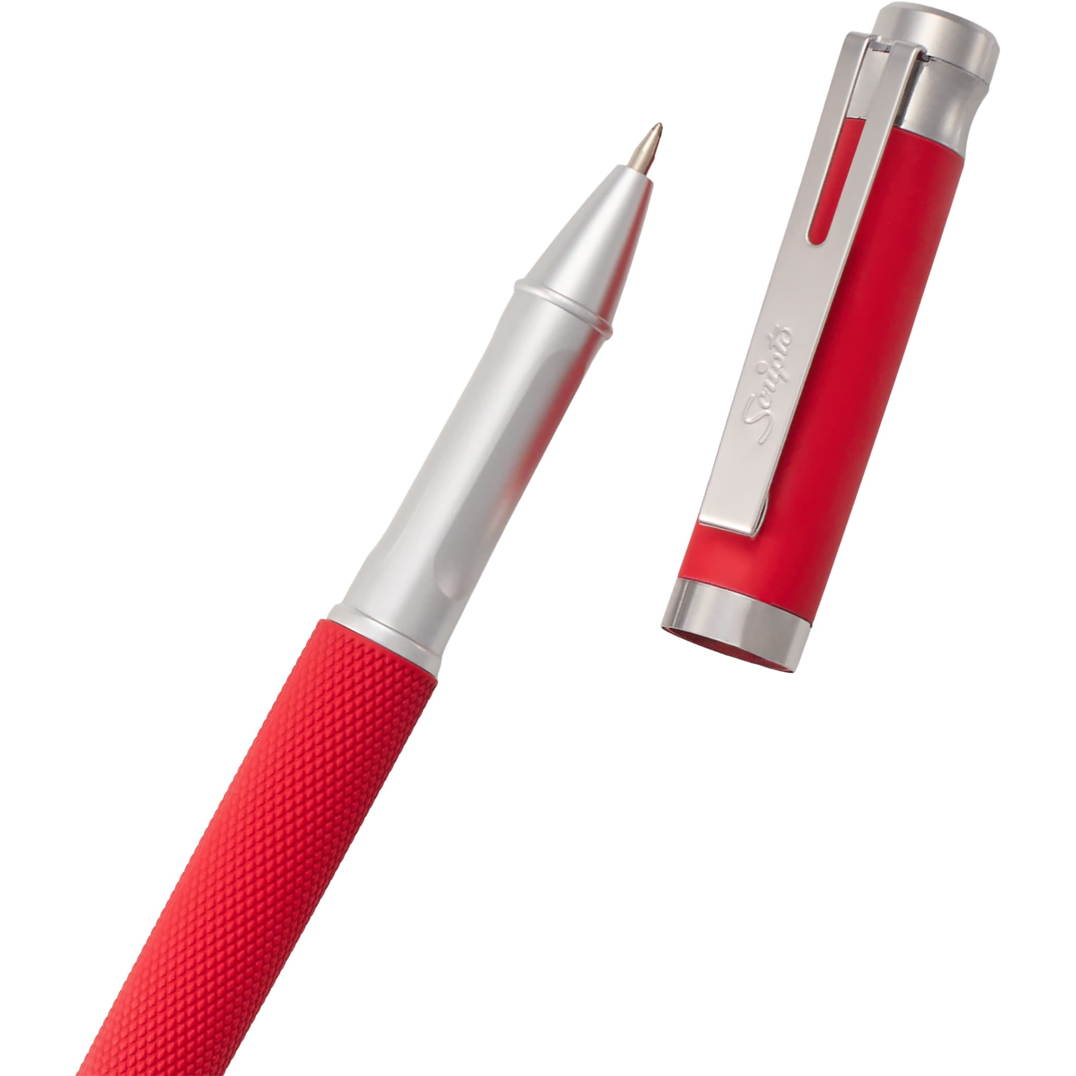 Red The Scripto® Bali Recycled Gel Stylus Pen features a soft-touch finish, integrated touchscreen stylus tip, Scripto® branded clip, and 0.5 mm black gel ink tip in a sleek recycled ABS plastic design, ideal for everyday writing and digital use.