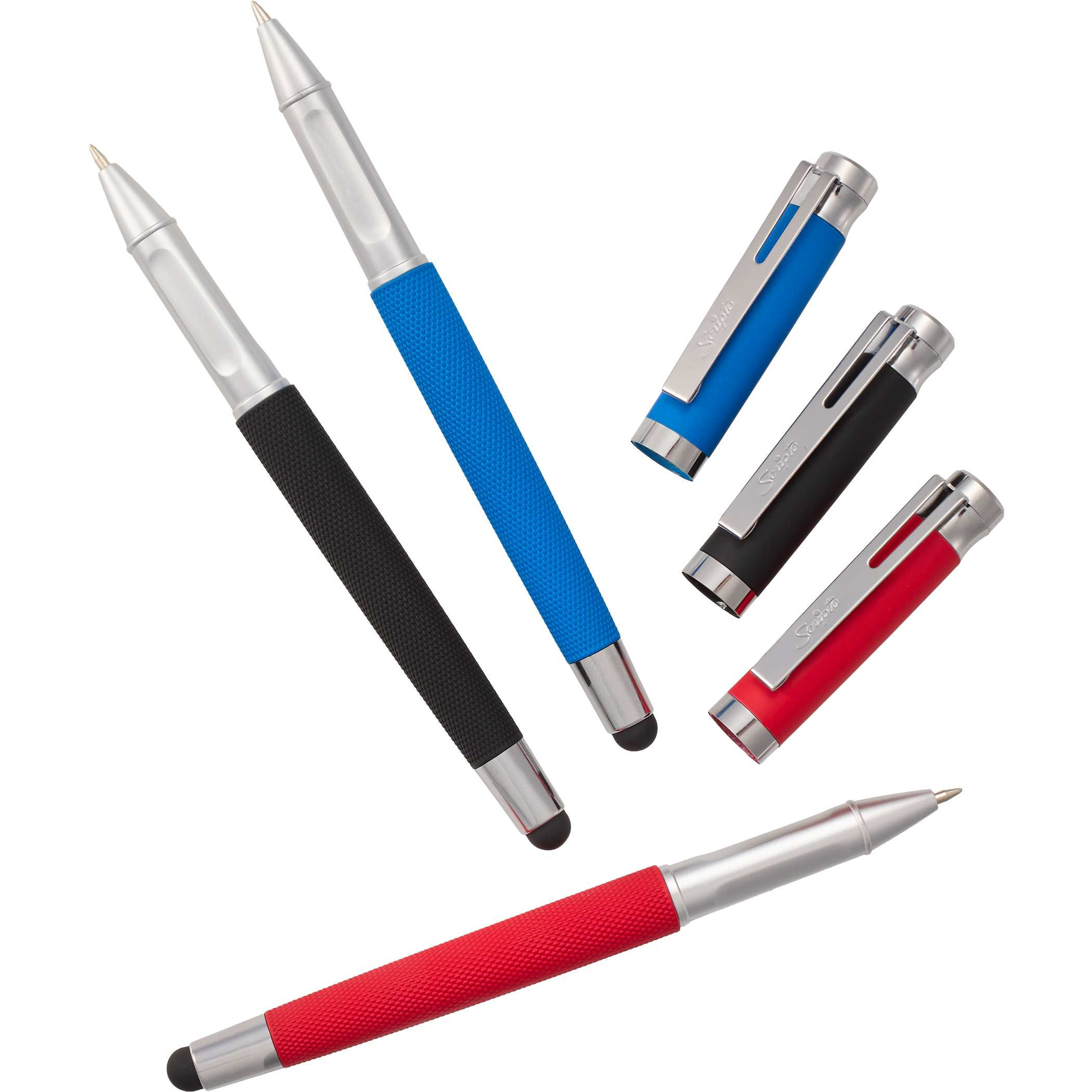 The Scripto® Bali Recycled Gel Stylus Pen features a soft-touch finish, integrated touchscreen stylus tip, Scripto® branded clip, and 0.5 mm black gel ink tip in a sleek recycled ABS plastic design, ideal for everyday writing and digital use.
