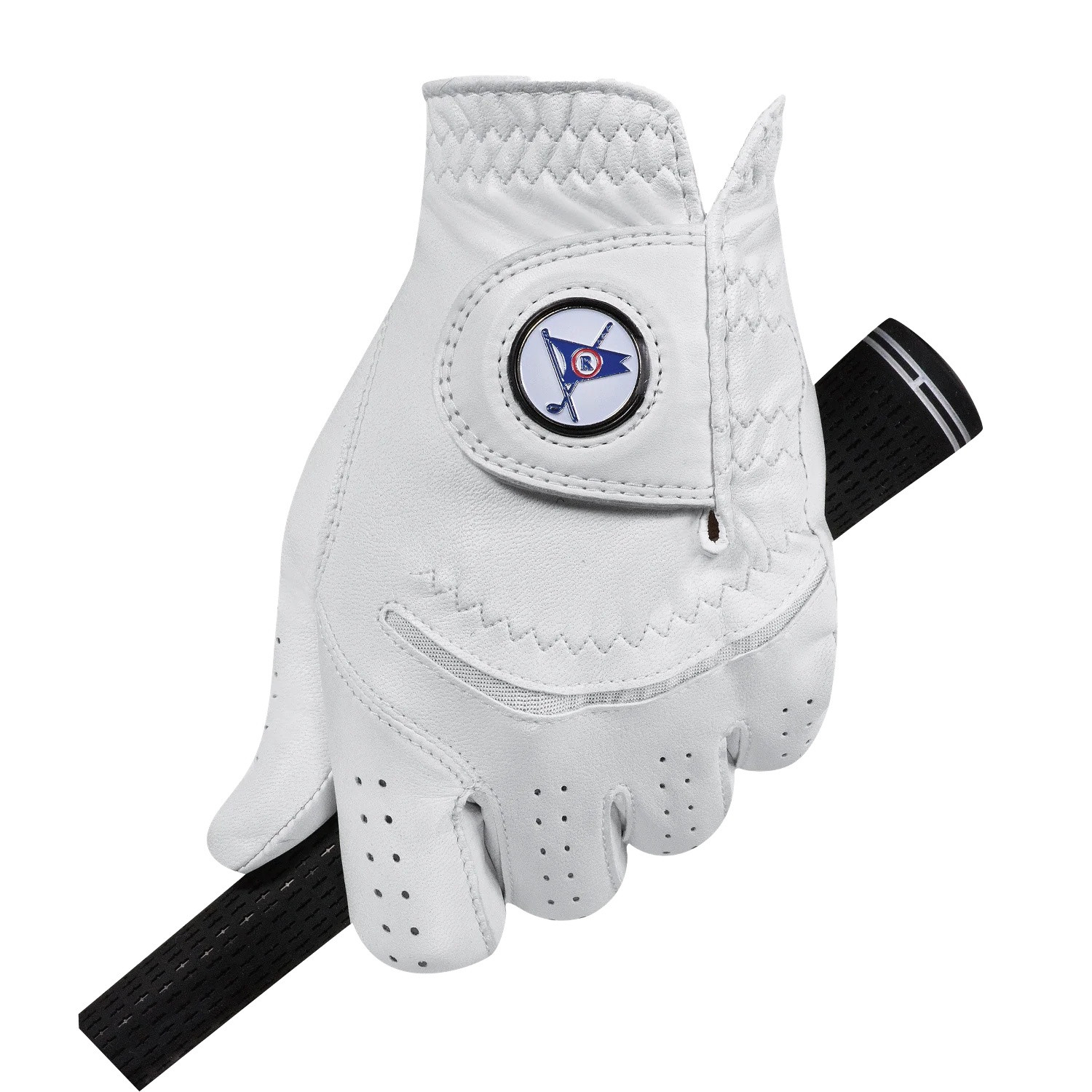 White FootJoy custom golf glove made from Cabretta leather with a synthetic back, designed for comfortable grip and performance on the golf course.