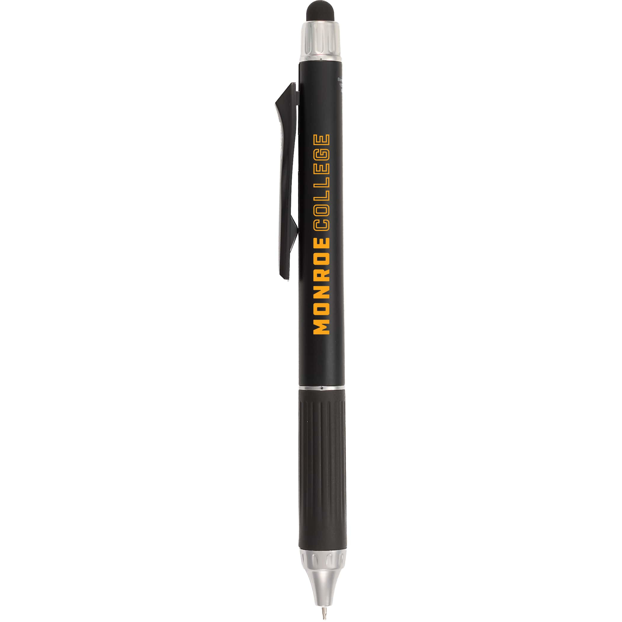 Black Scripto® Neo Recycled Stylus Gel Pen with metallic finish, recycled ABS barrel, comfortable grip, black gel ink, click-action clip, and rubberized touchscreen stylus for writing and digital device use.