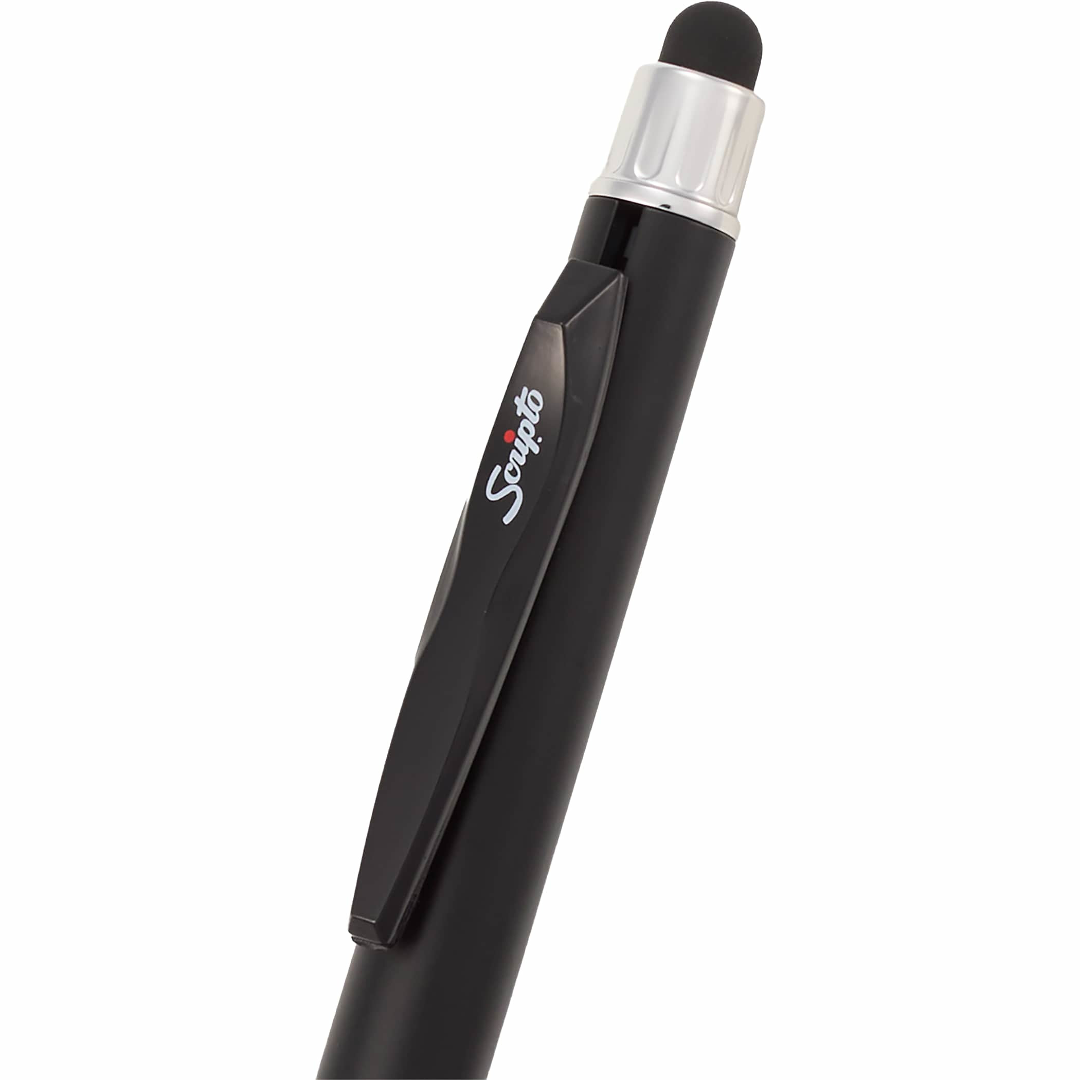 Black Scripto® Neo Recycled Stylus Gel Pen with metallic finish, recycled ABS barrel, comfortable grip, black gel ink, click-action clip, and rubberized touchscreen stylus for writing and digital device use.