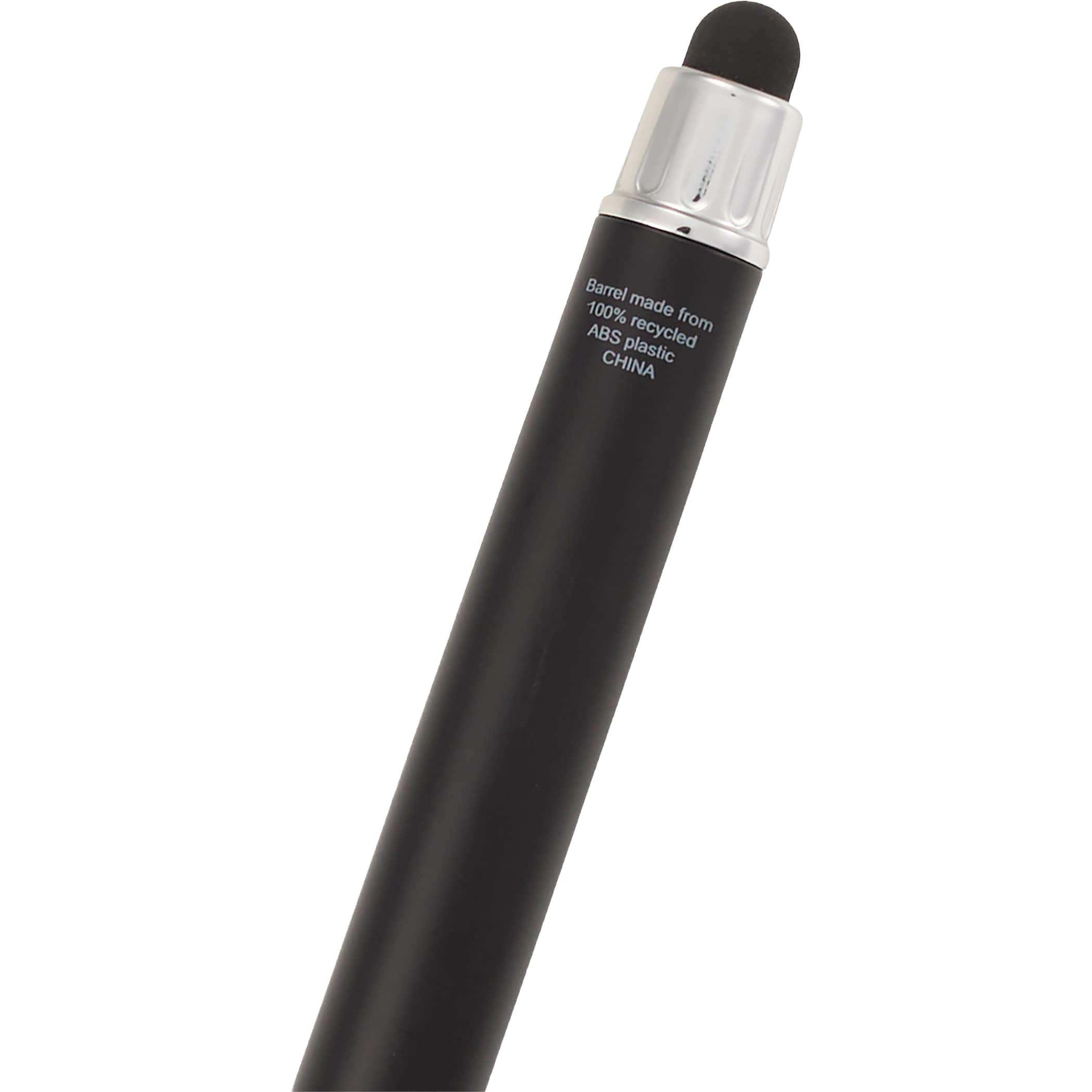 Black Scripto® Neo Recycled Stylus Gel Pen with metallic finish, recycled ABS barrel, comfortable grip, black gel ink, click-action clip, and rubberized touchscreen stylus for writing and digital device use.