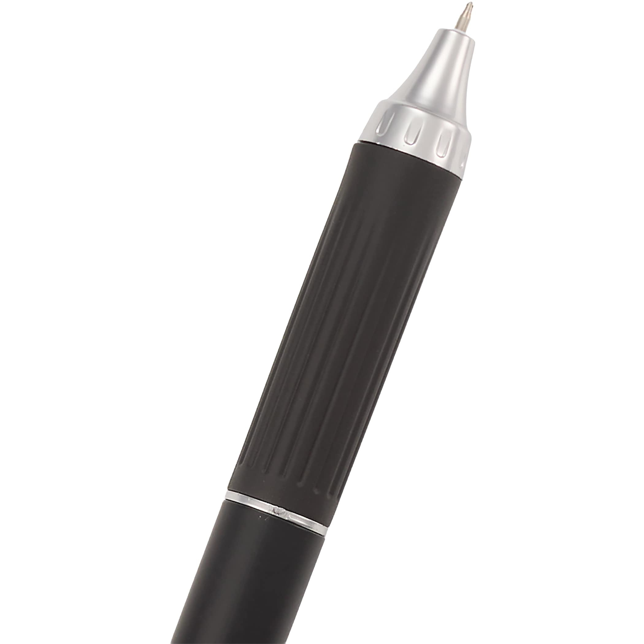 Black Scripto® Neo Recycled Stylus Gel Pen with metallic finish, recycled ABS barrel, comfortable grip, black gel ink, click-action clip, and rubberized touchscreen stylus for writing and digital device use.