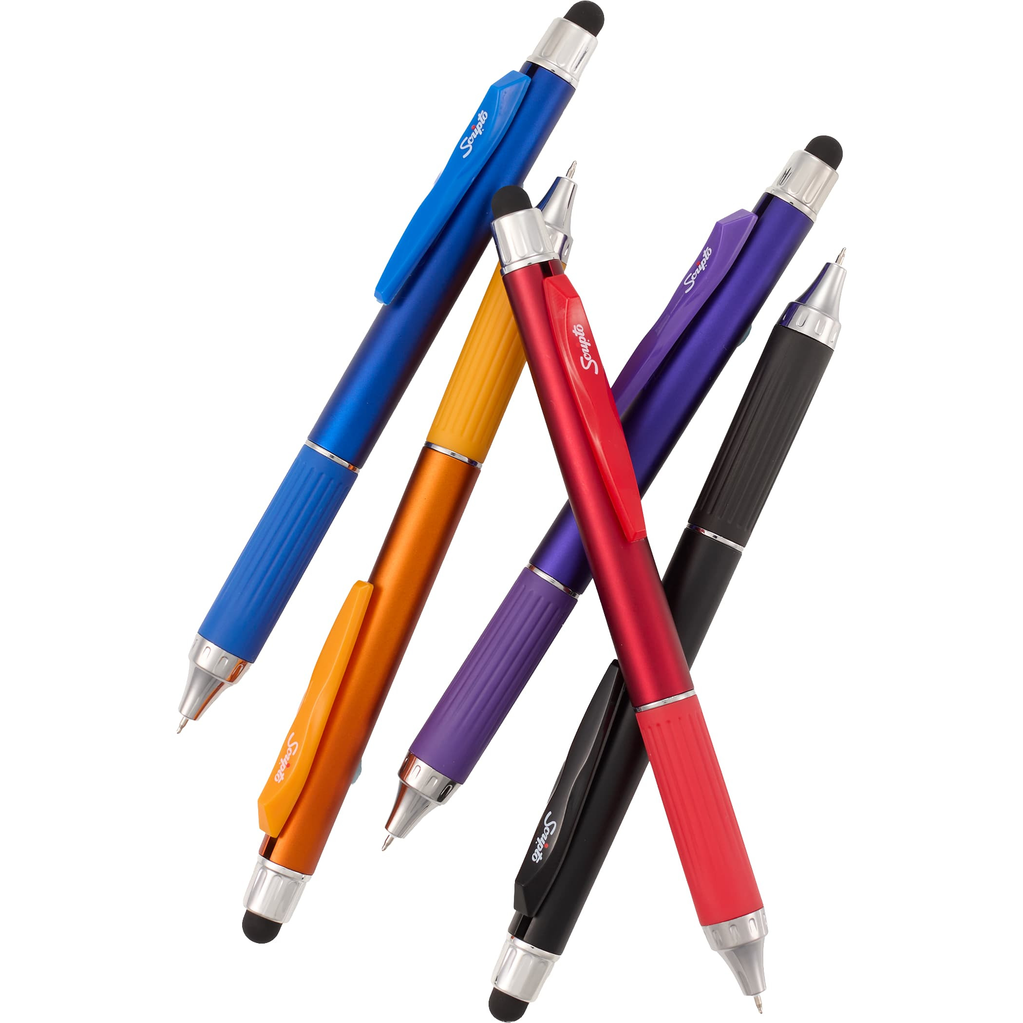 Scripto® Neo Recycled Stylus Gel Pen with metallic finish, recycled ABS barrel, comfortable grip, black gel ink, click-action clip, and rubberized touchscreen stylus for writing and digital device use.