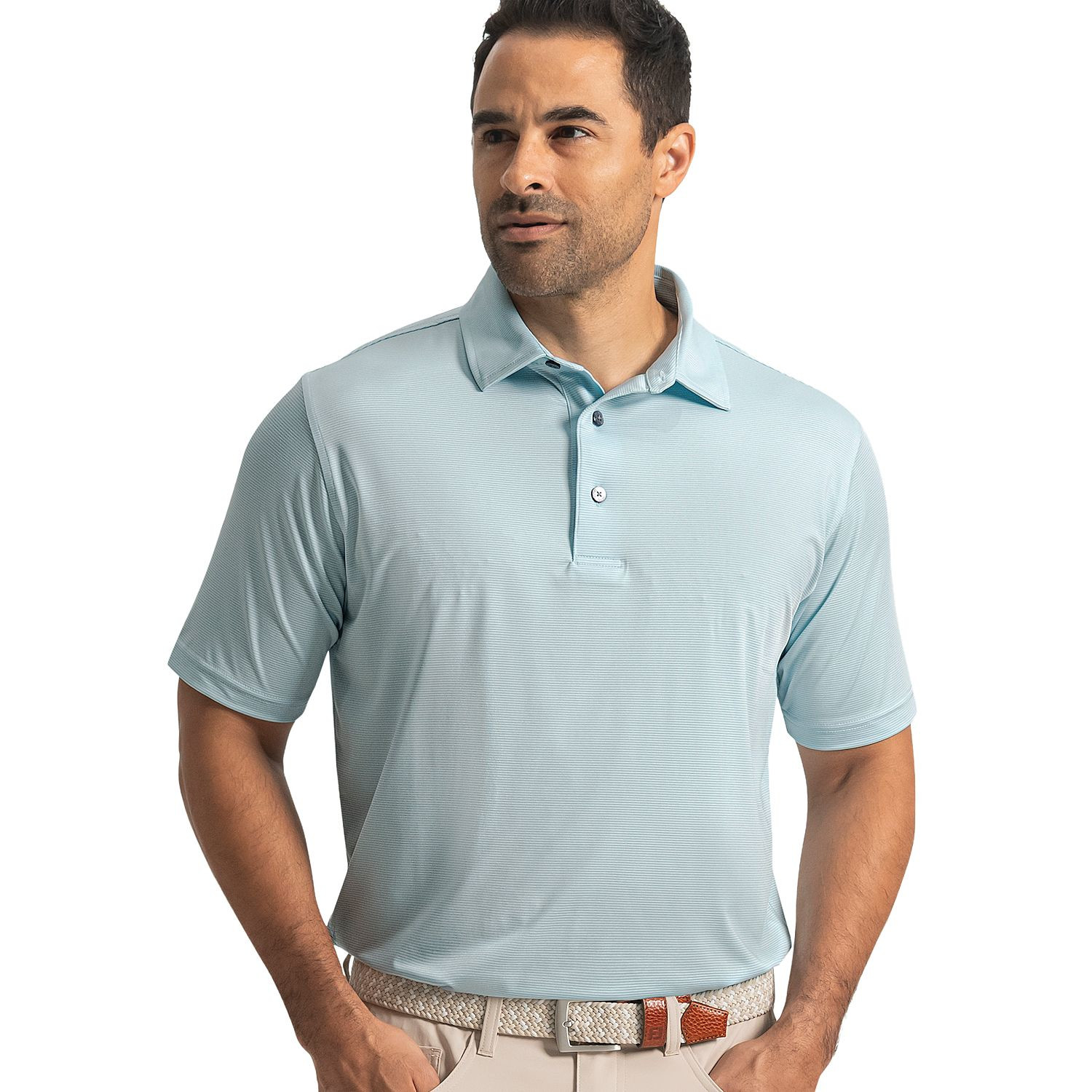 Jade FootJoy men's performance golf polo with a subtle MicroFeeder stripe pattern, moisture-wicking fabric, four-way stretch, short sleeves, and a classic collar for comfortable golf and everyday wear.
