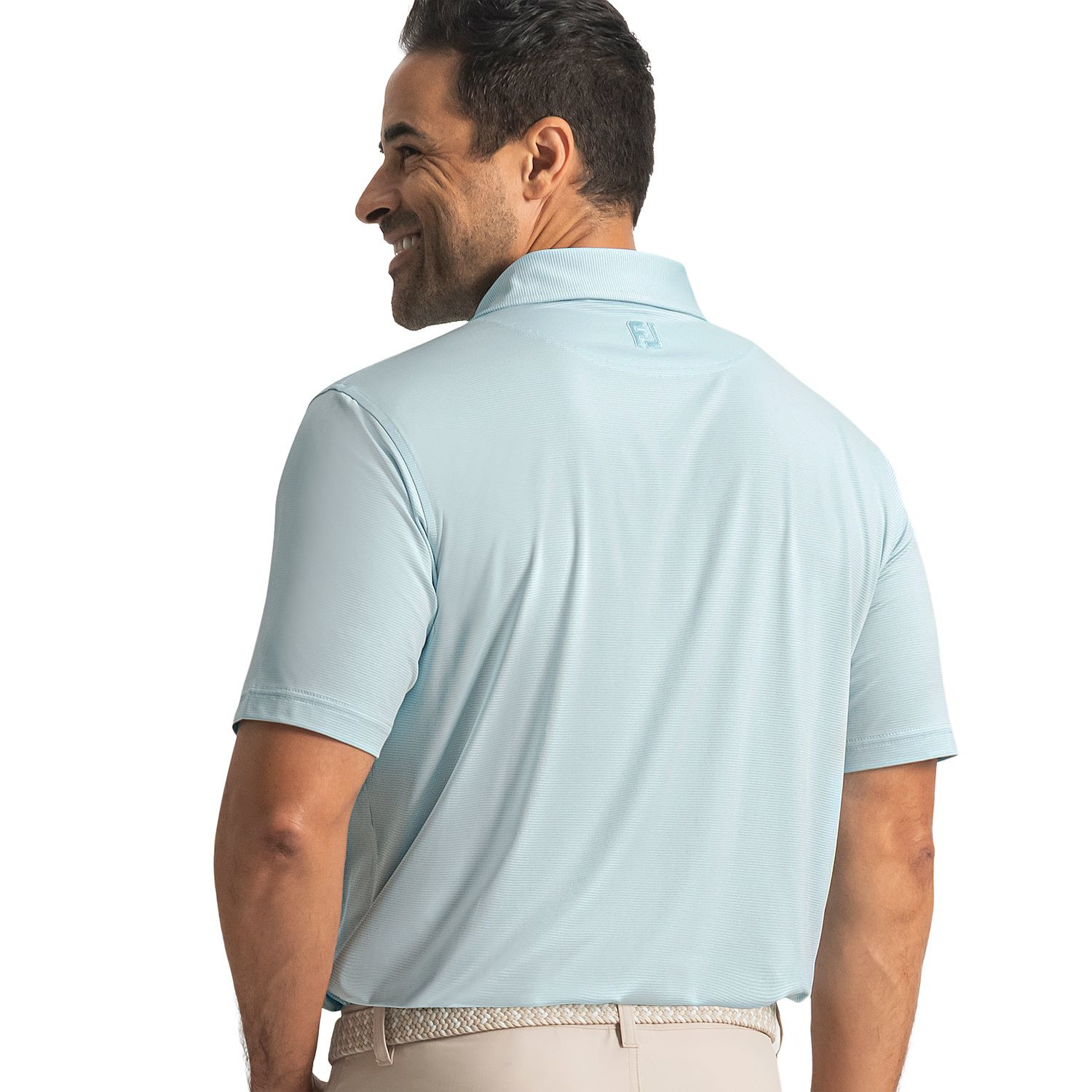 Jade FootJoy men's performance golf polo with a subtle MicroFeeder stripe pattern, moisture-wicking fabric, four-way stretch, short sleeves, and a classic collar for comfortable golf and everyday wear.