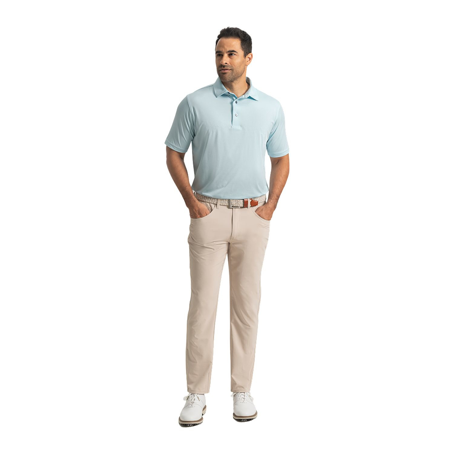 Jade FootJoy men's performance golf polo with a subtle MicroFeeder stripe pattern, moisture-wicking fabric, four-way stretch, short sleeves, and a classic collar for comfortable golf and everyday wear.