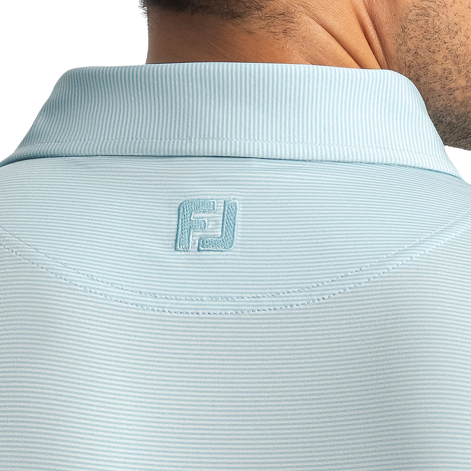 Jade FootJoy men's performance golf polo with a subtle MicroFeeder stripe pattern, moisture-wicking fabric, four-way stretch, short sleeves, and a classic collar for comfortable golf and everyday wear.