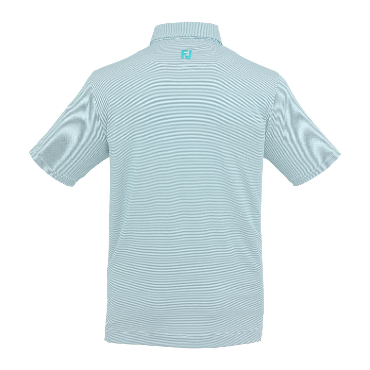 Jade FootJoy men's performance golf polo with a subtle MicroFeeder stripe pattern, moisture-wicking fabric, four-way stretch, short sleeves, and a classic collar for comfortable golf and everyday wear.