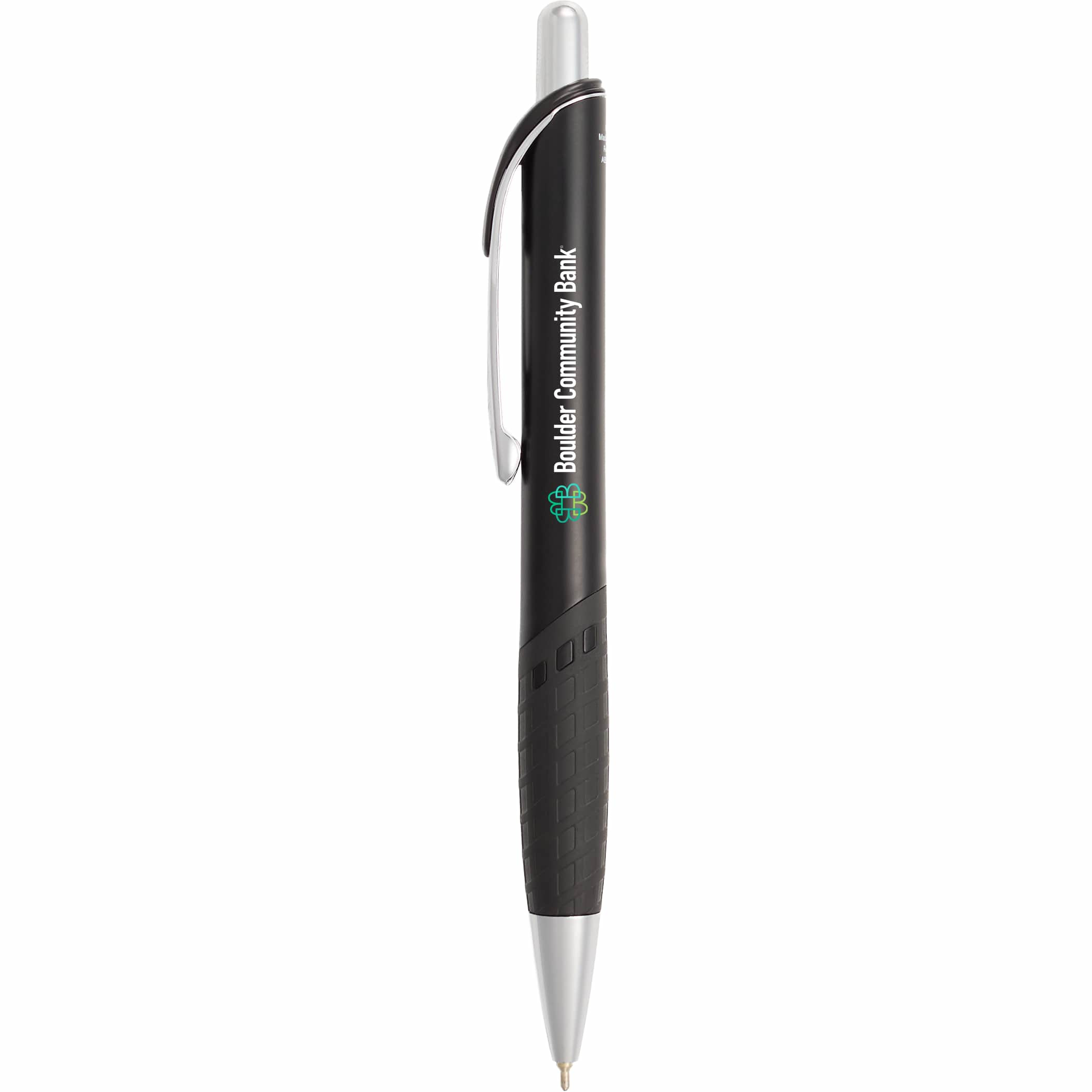 Black Scripto® Oasis Recycled Gel Pen in a metallic-finish barrel with a soft comfort grip, recycled ABS plastic construction, branded clip, and 0.7 mm tip for smooth black-ink writing.