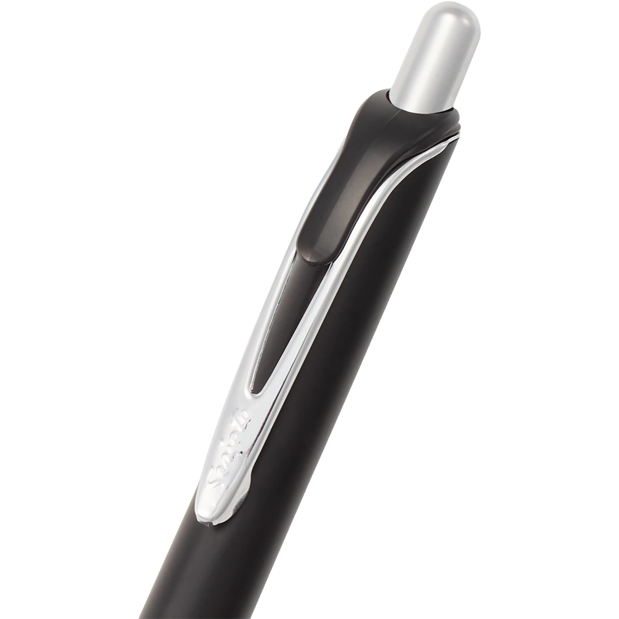 Black Scripto® Oasis Recycled Gel Pen in a metallic-finish barrel with a soft comfort grip, recycled ABS plastic construction, branded clip, and 0.7 mm tip for smooth black-ink writing.