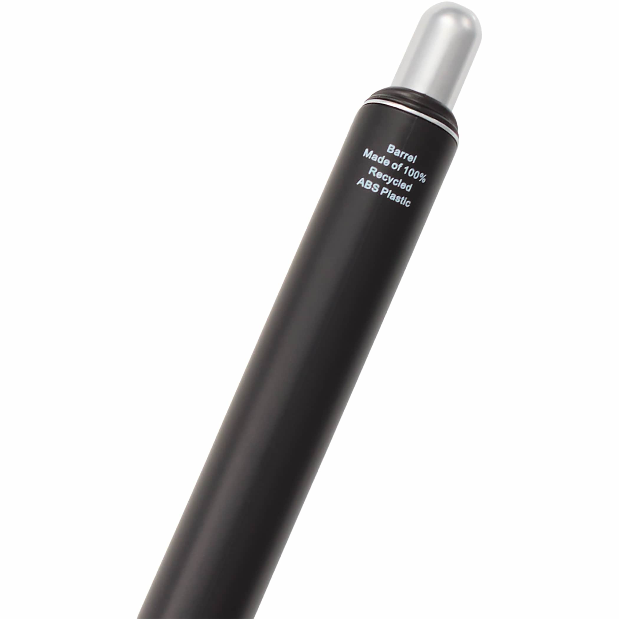 Black Scripto® Oasis Recycled Gel Pen in a metallic-finish barrel with a soft comfort grip, recycled ABS plastic construction, branded clip, and 0.7 mm tip for smooth black-ink writing.