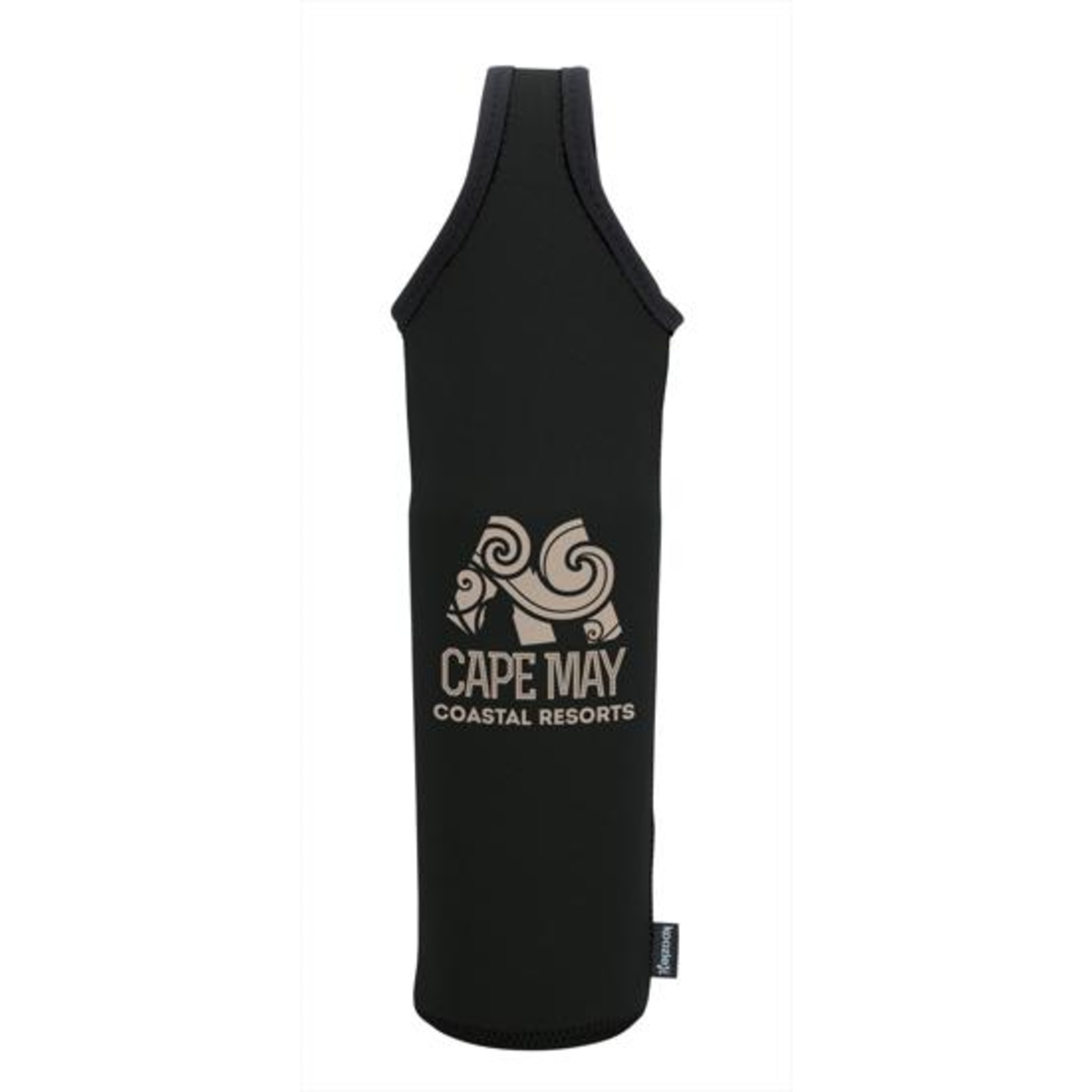 Neoprene wine bottle cooler with a convenient carry handle, designed to fit one standard bottle and help keep wine chilled.