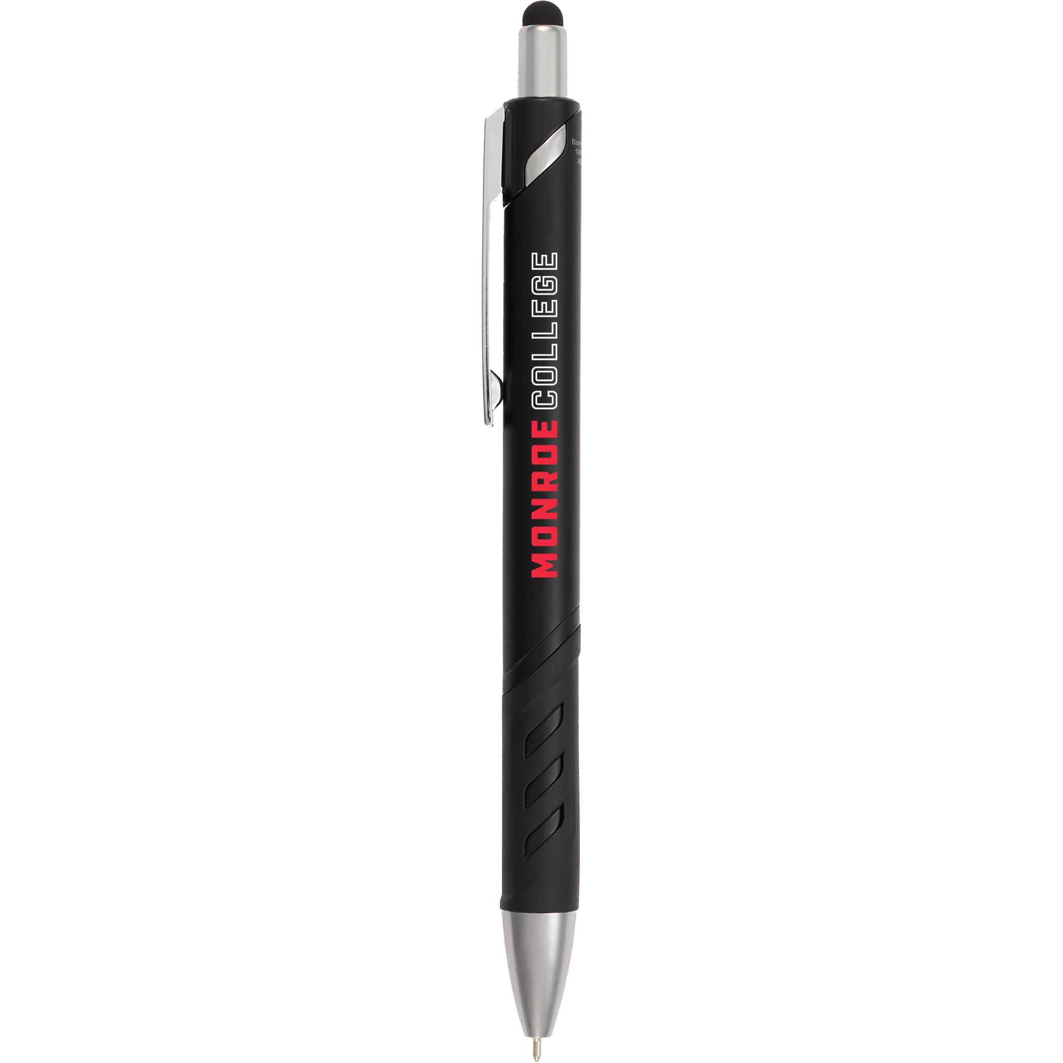 Black Scripto® Revel Recycled Stylus Gel Pen with a metallic painted recycled ABS barrel, comfortable grip, click-action mechanism, black gel ink, and rubberized touchscreen stylus for writing and digital use.