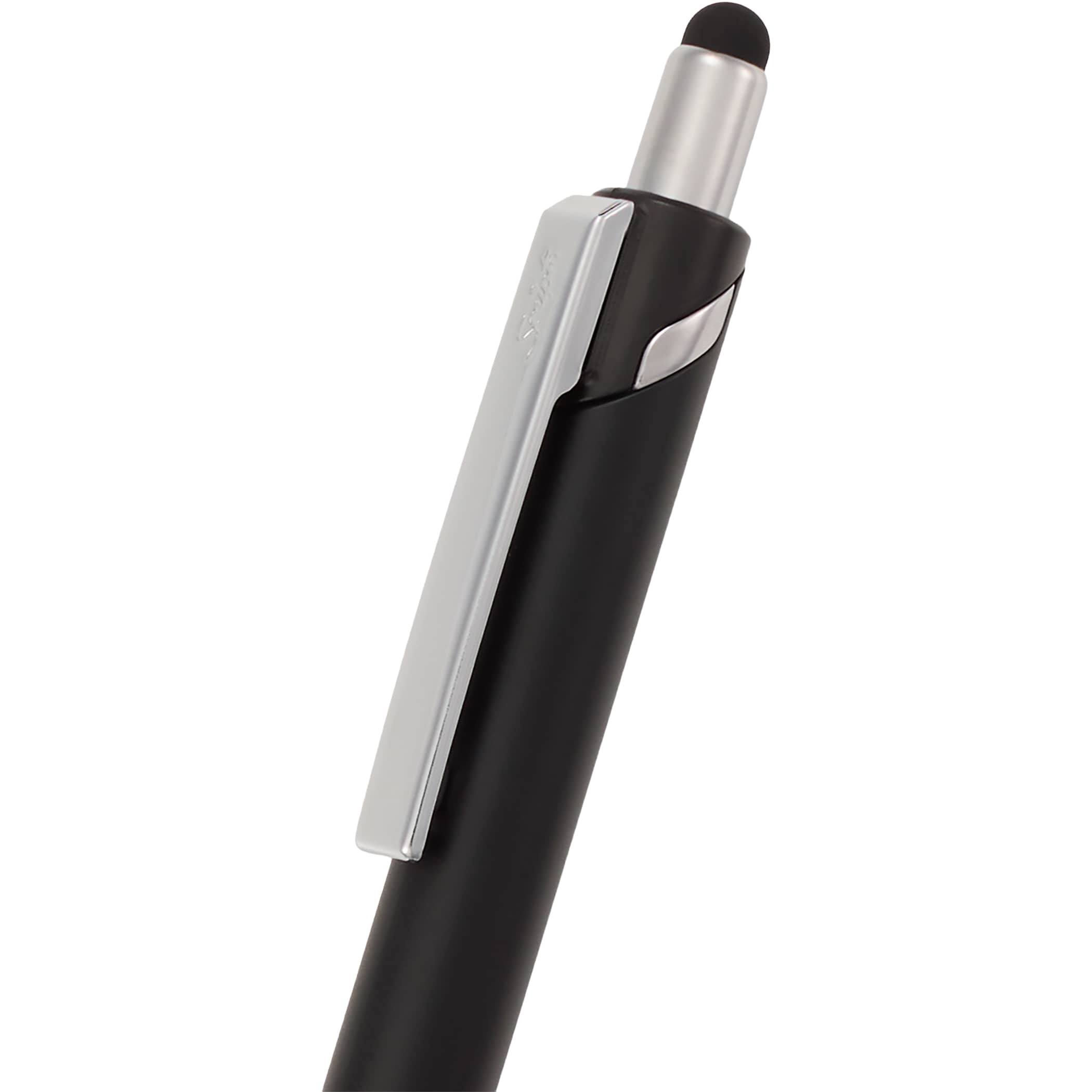 Black Scripto® Revel Recycled Stylus Gel Pen with a metallic painted recycled ABS barrel, comfortable grip, click-action mechanism, black gel ink, and rubberized touchscreen stylus for writing and digital use.