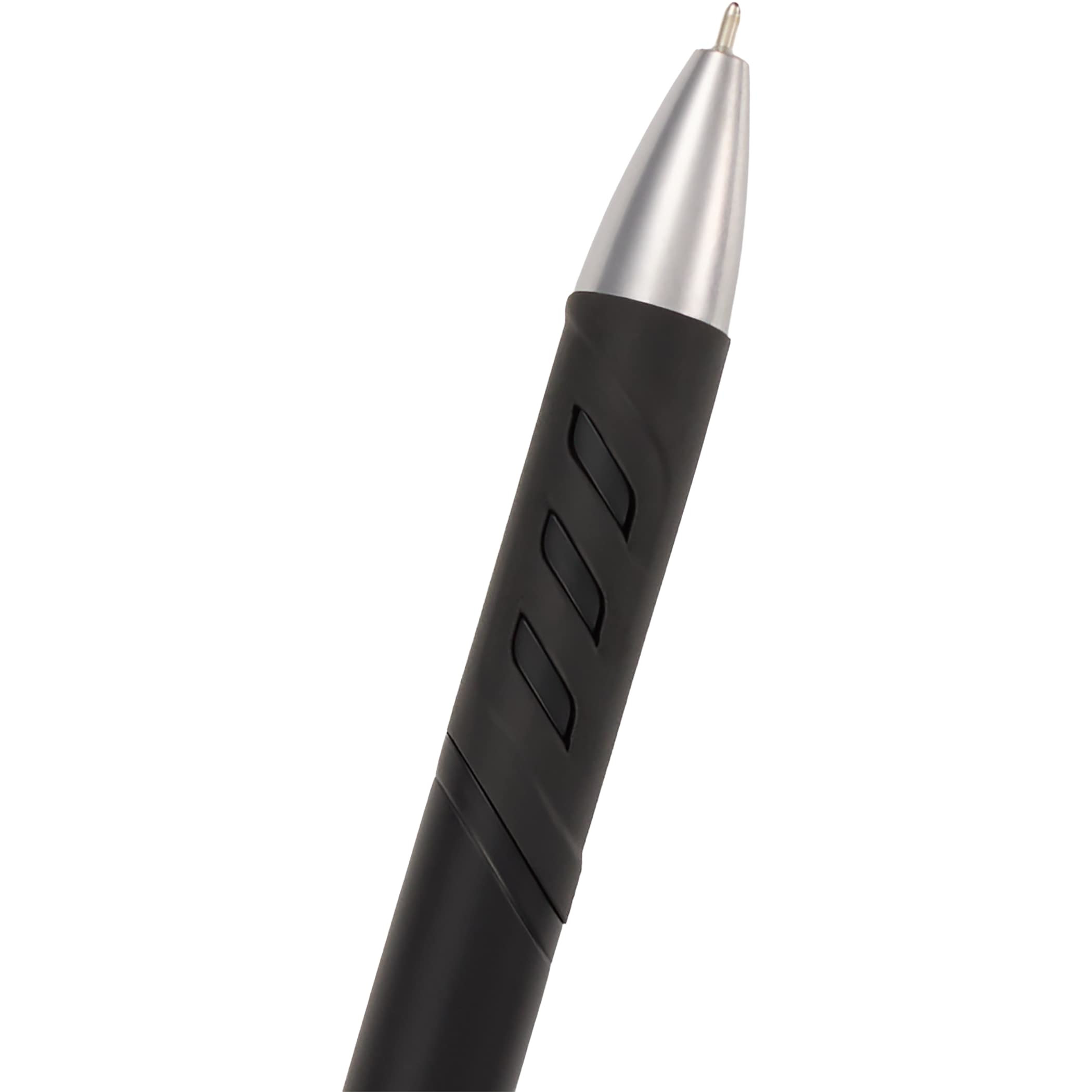 Black Scripto® Revel Recycled Stylus Gel Pen with a metallic painted recycled ABS barrel, comfortable grip, click-action mechanism, black gel ink, and rubberized touchscreen stylus for writing and digital use.