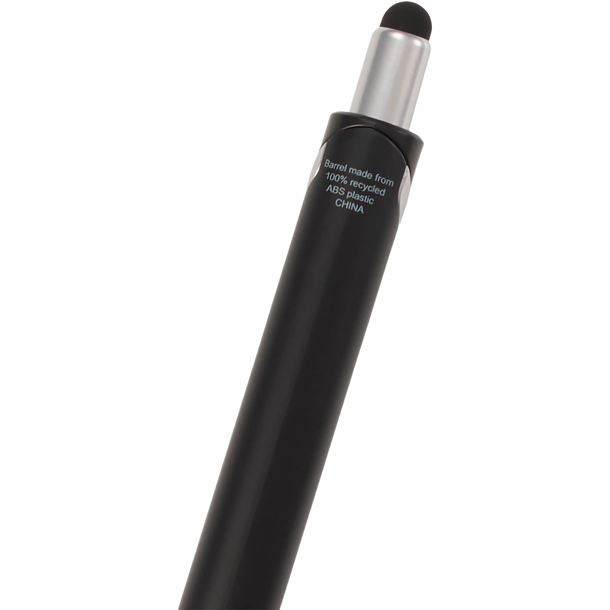 Black Scripto® Revel Recycled Stylus Gel Pen with a metallic painted recycled ABS barrel, comfortable grip, click-action mechanism, black gel ink, and rubberized touchscreen stylus for writing and digital use.